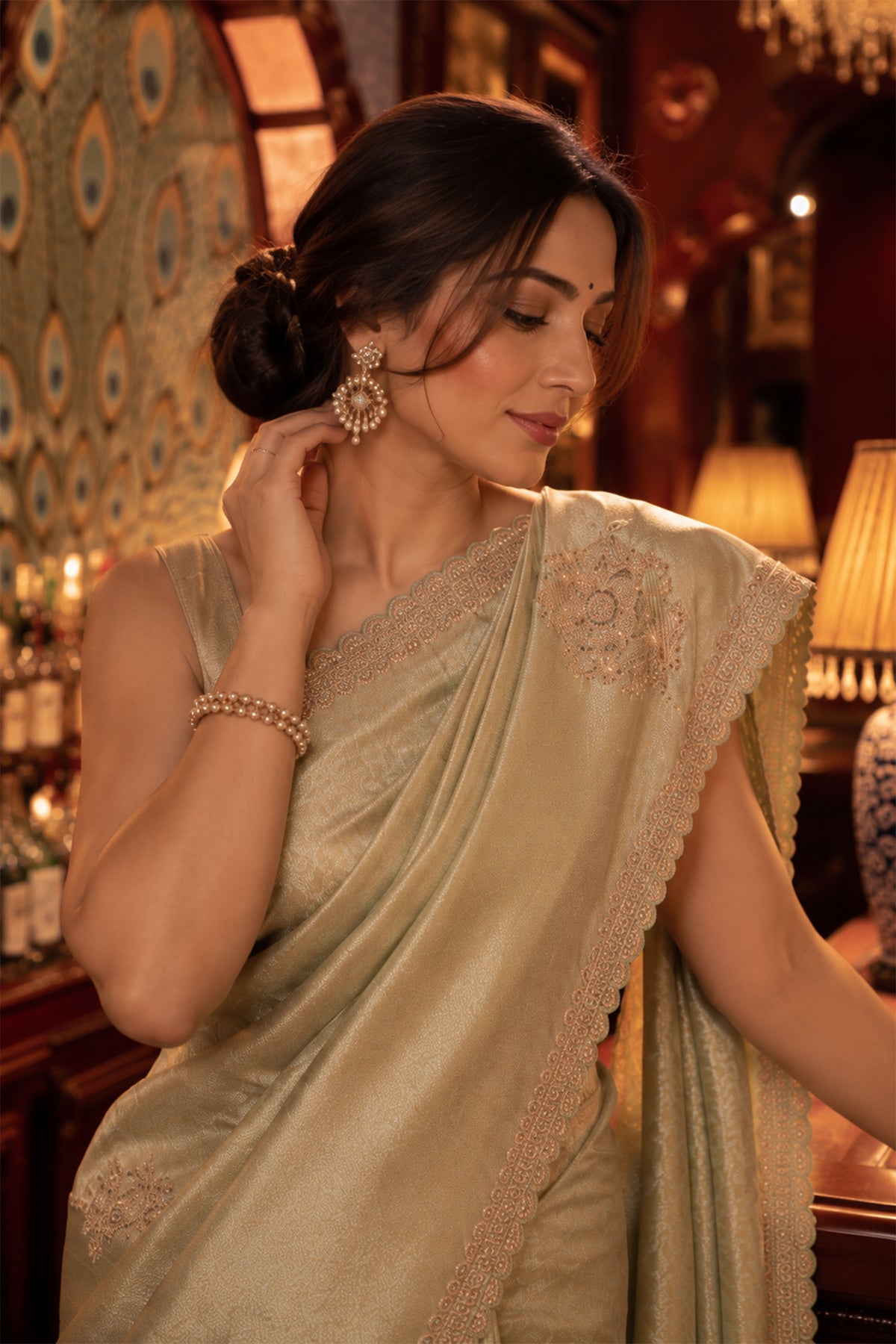 Pistachio Green Scalloped Tissue Brocade Saree