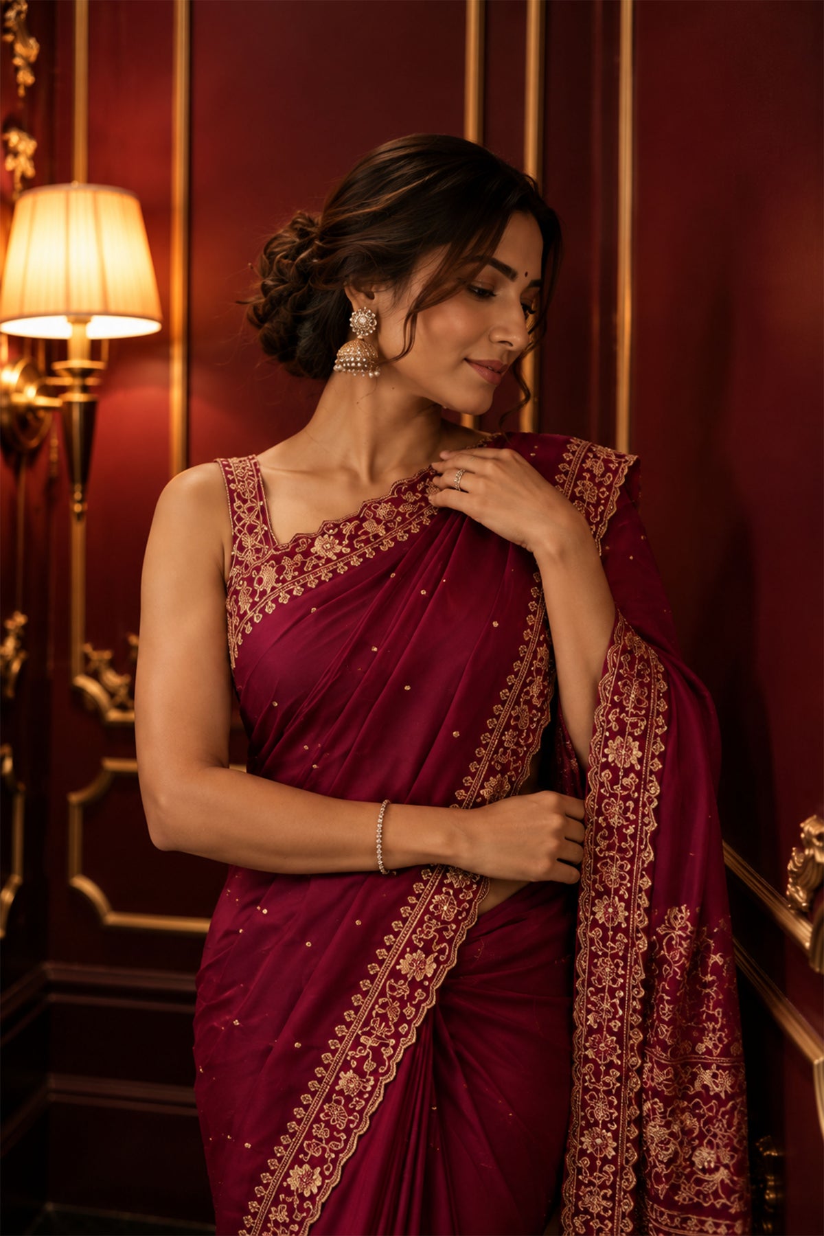 Wine Red Floral Embroidered Crepe Silk Saree