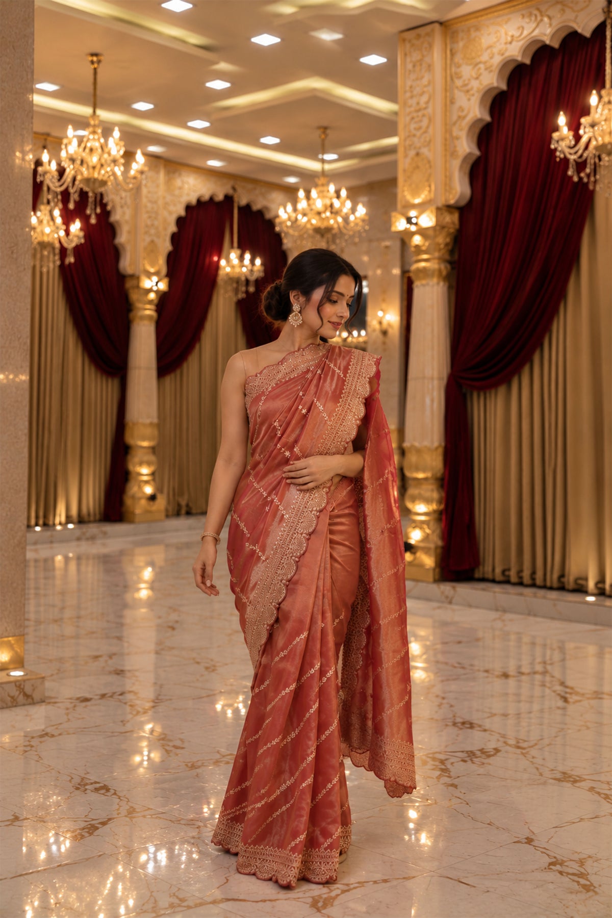 Rose Gold Embroidered Tissue Silk Saree