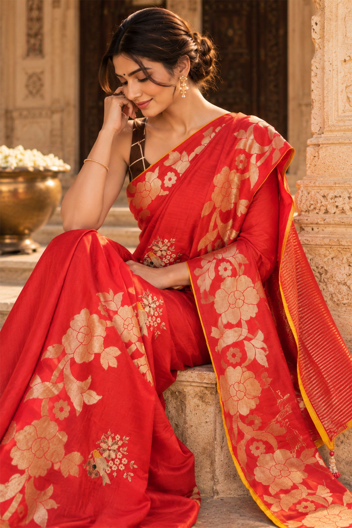 Classic Red Embroidered Tussar Crepe Silk Saree