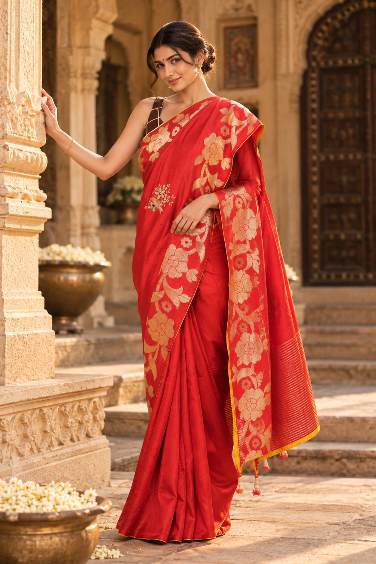 Classic Red Embroidered Tussar Crepe Silk Saree