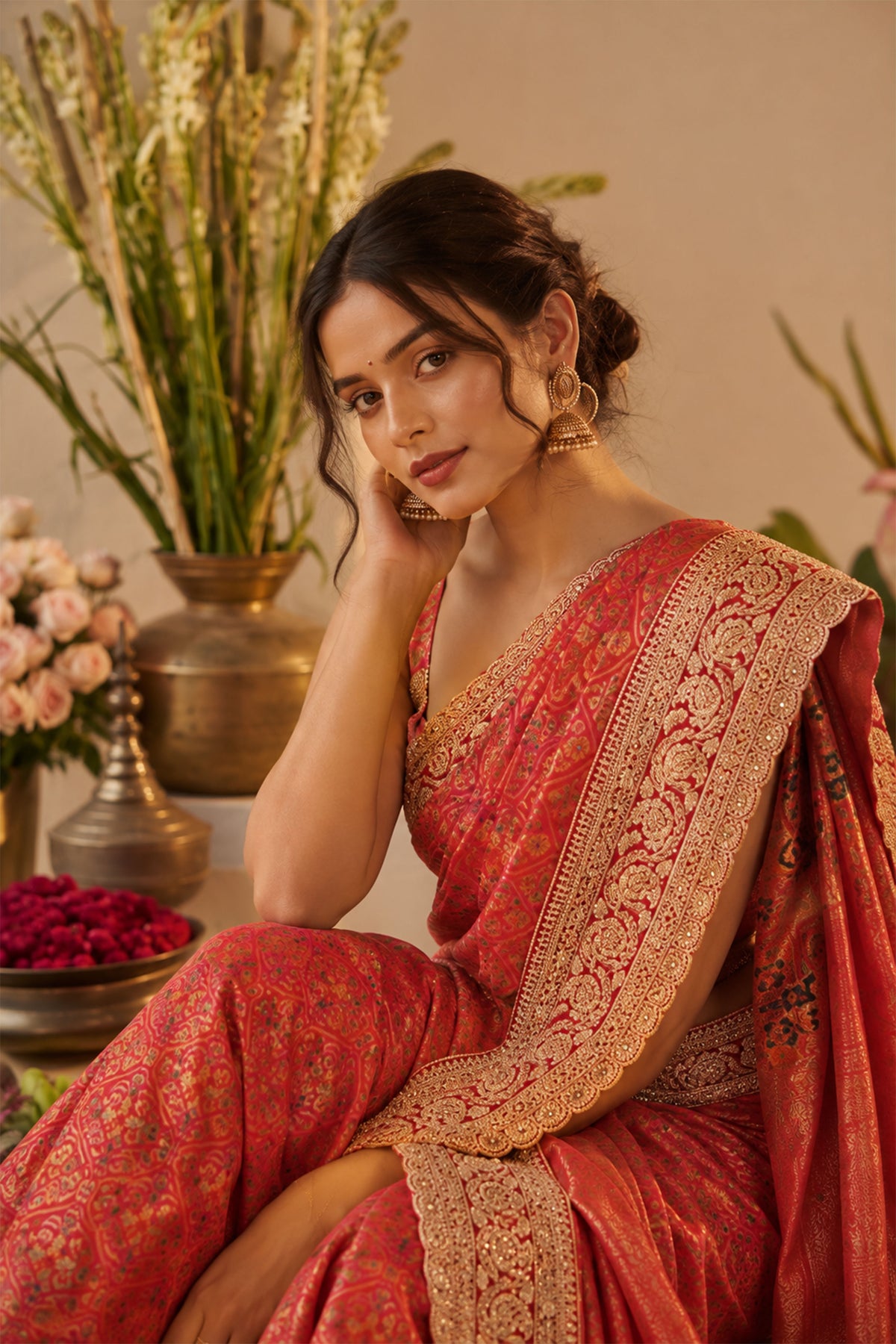 Crimson Red Embroidered Brocade Silk Saree