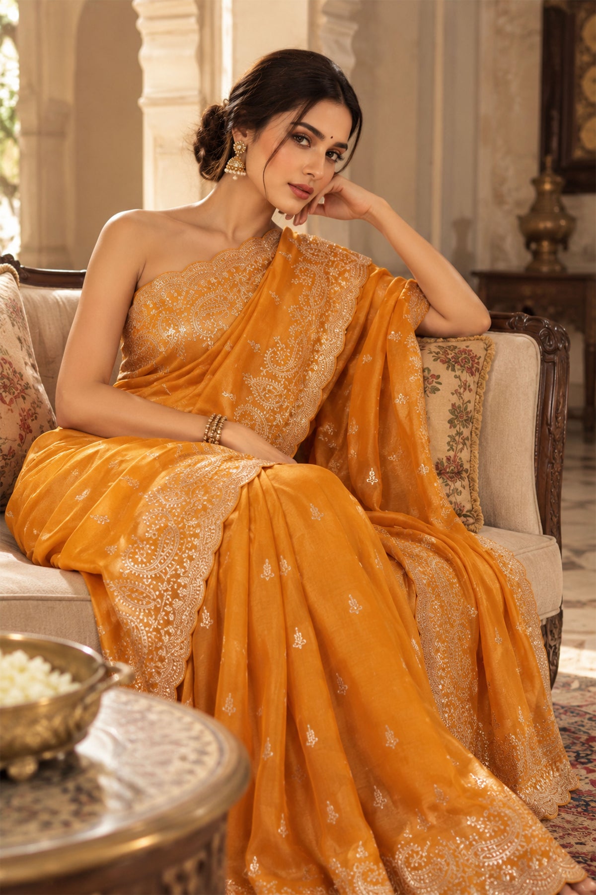 Golden Yellow Embroidered Tissue Silk Saree