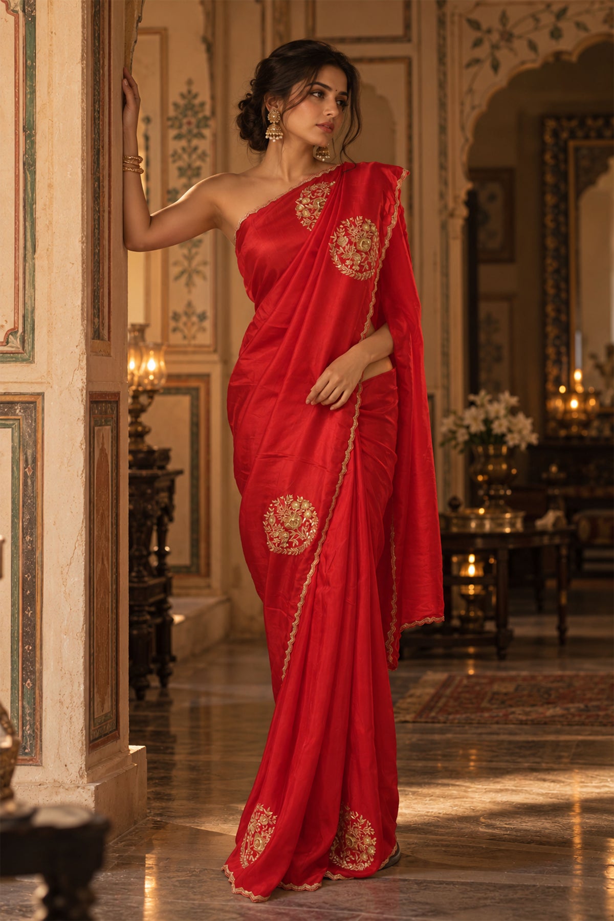 Vibrant Red Embroidered Crepe Silk Saree