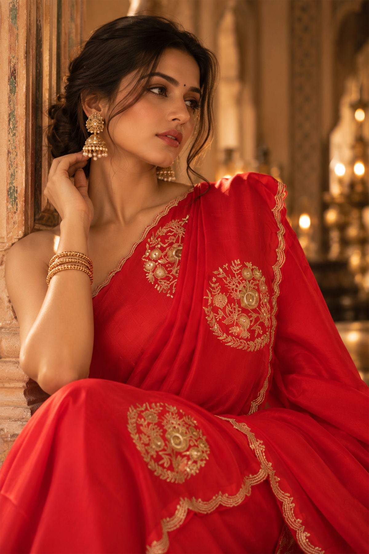 Vibrant Red Embroidered Crepe Silk Saree
