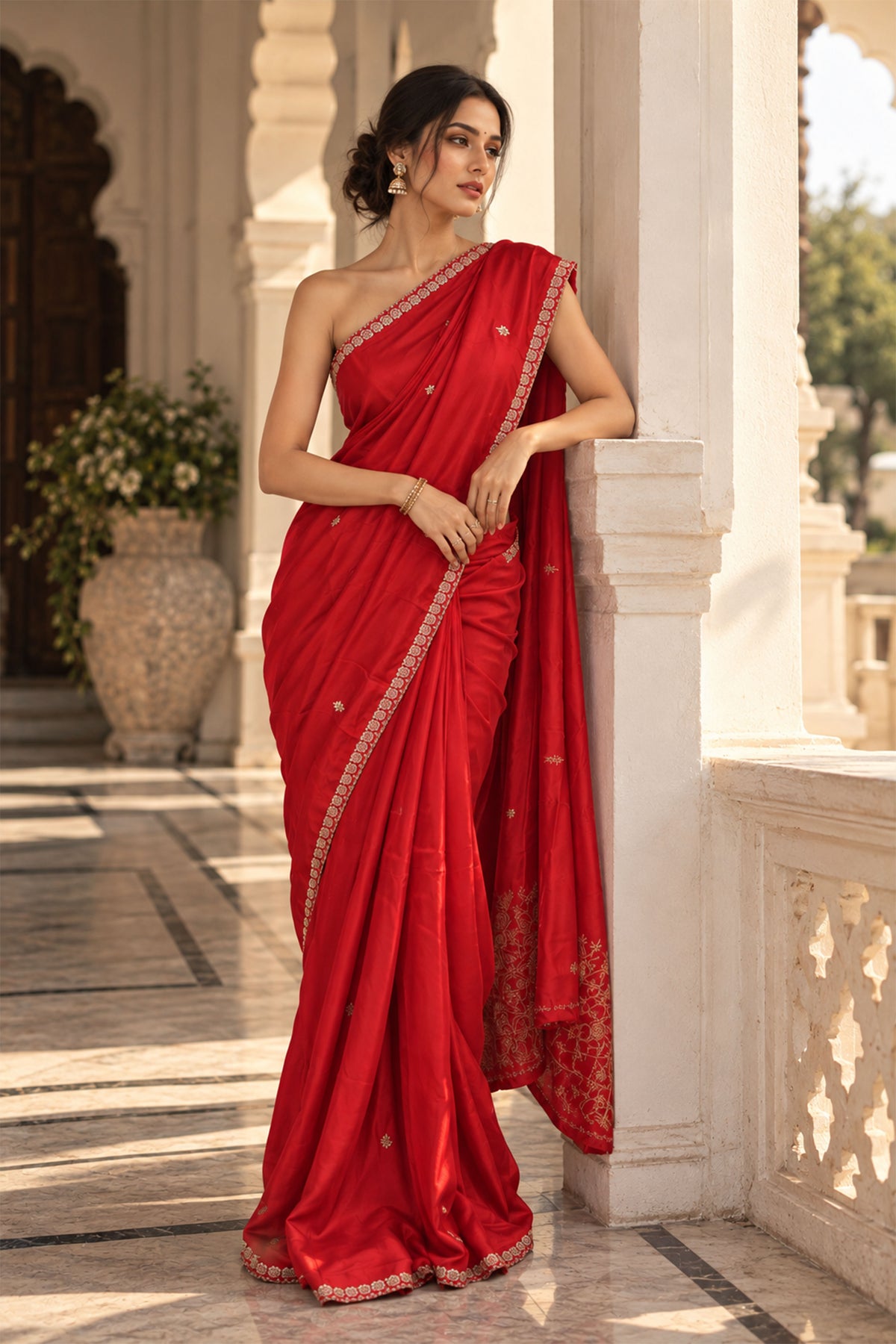 Bright Red Embroidered Crepe Silk Saree