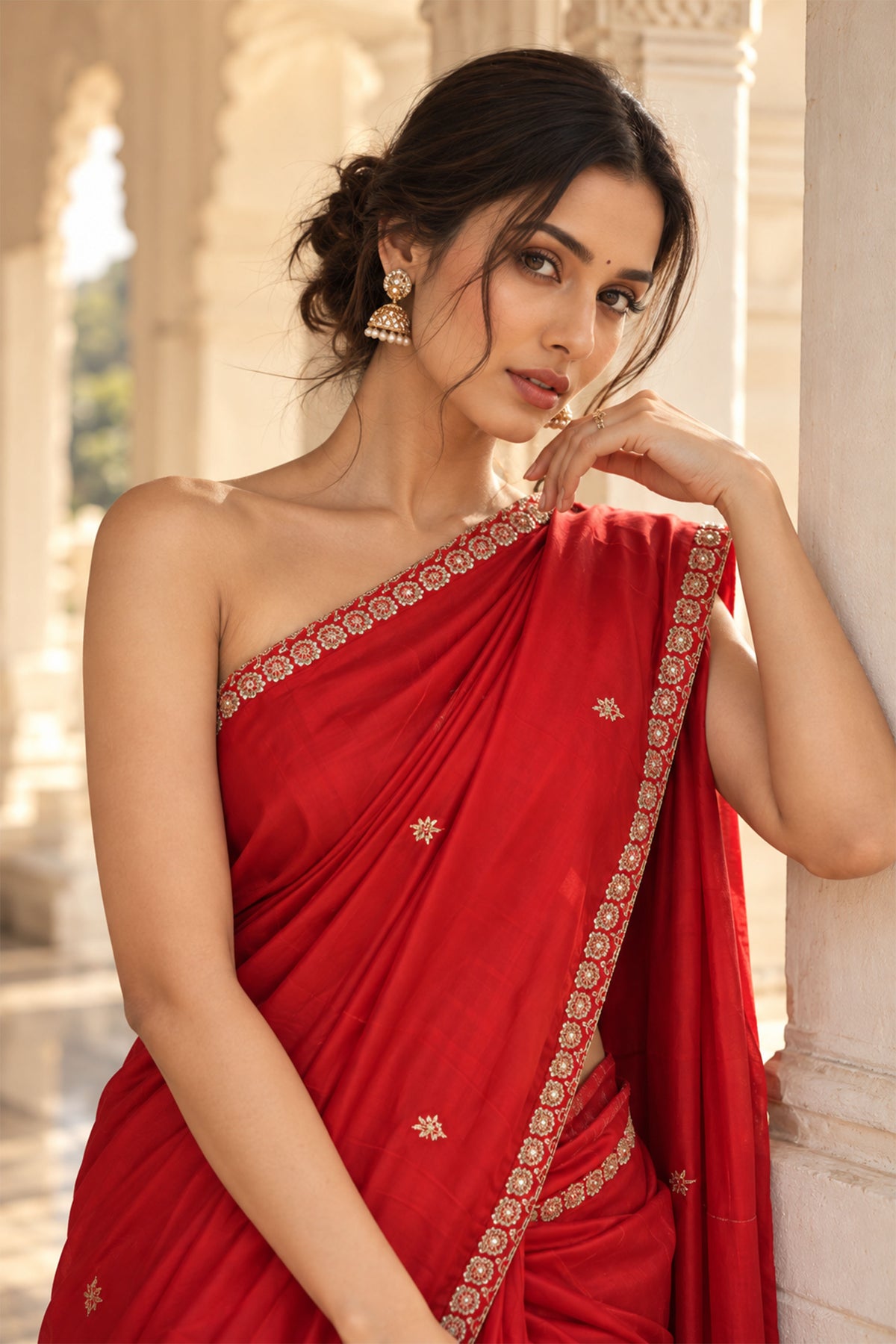 Bright Red Embroidered Crepe Silk Saree