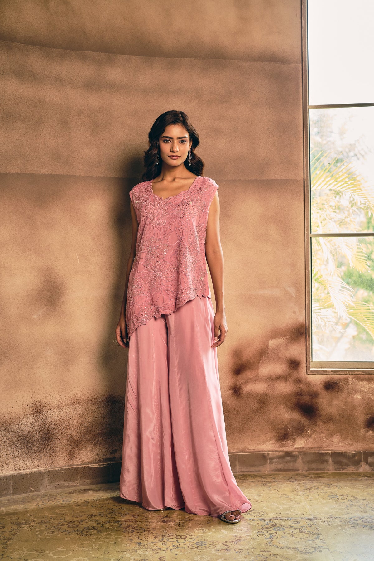 Dusty Pink Embroidered Organza Silk Co-Ord Set