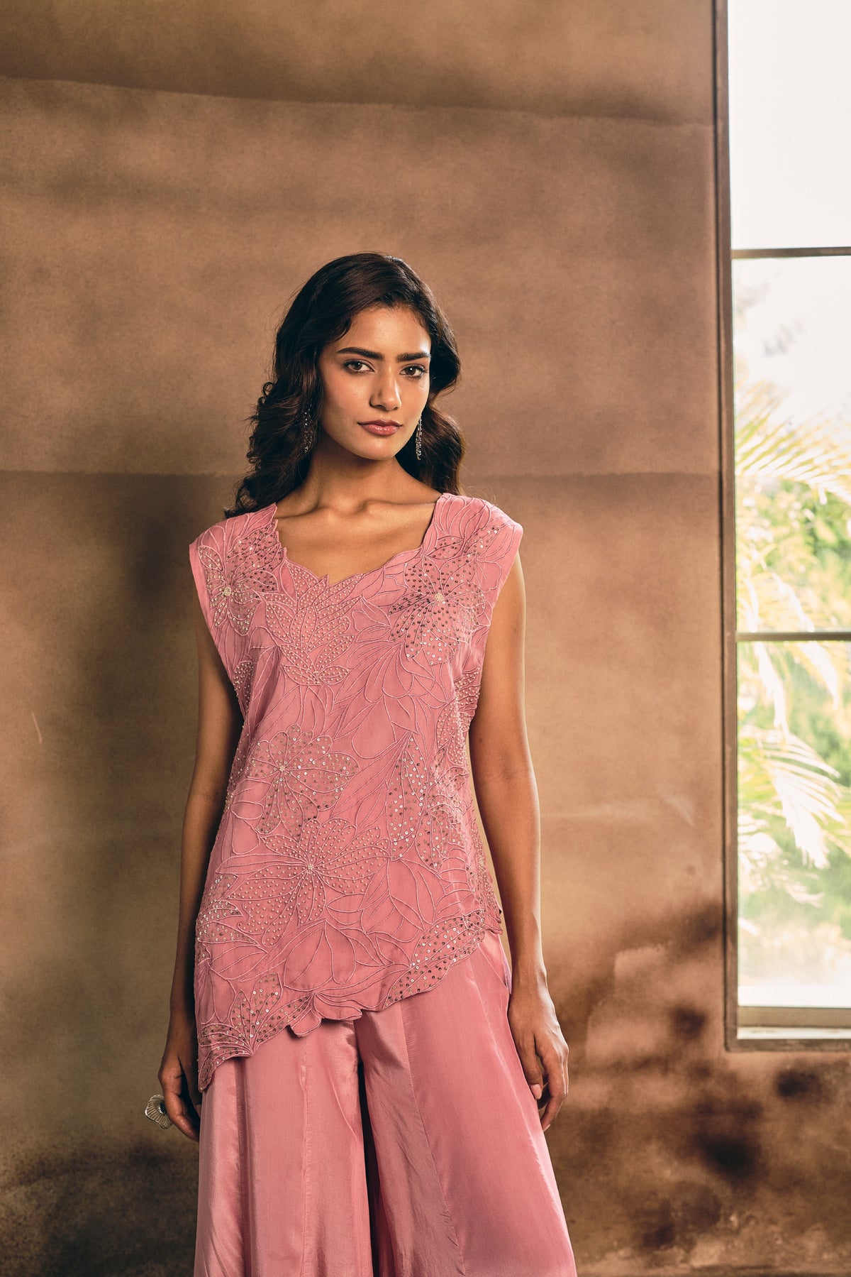 Dusty Pink Embroidered Organza Silk Co-Ord Set