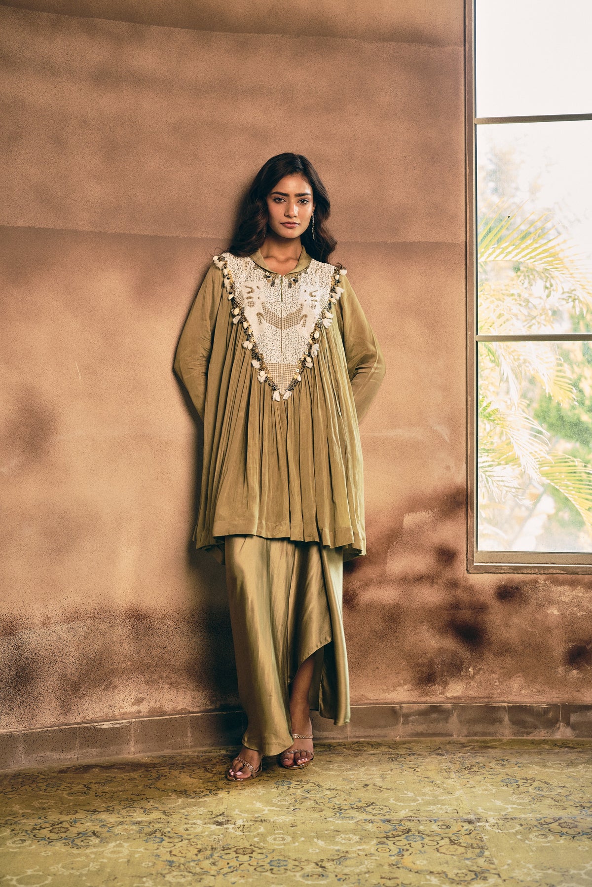 Earthy Olive Green Embellished Georgette Silk Skirt Set