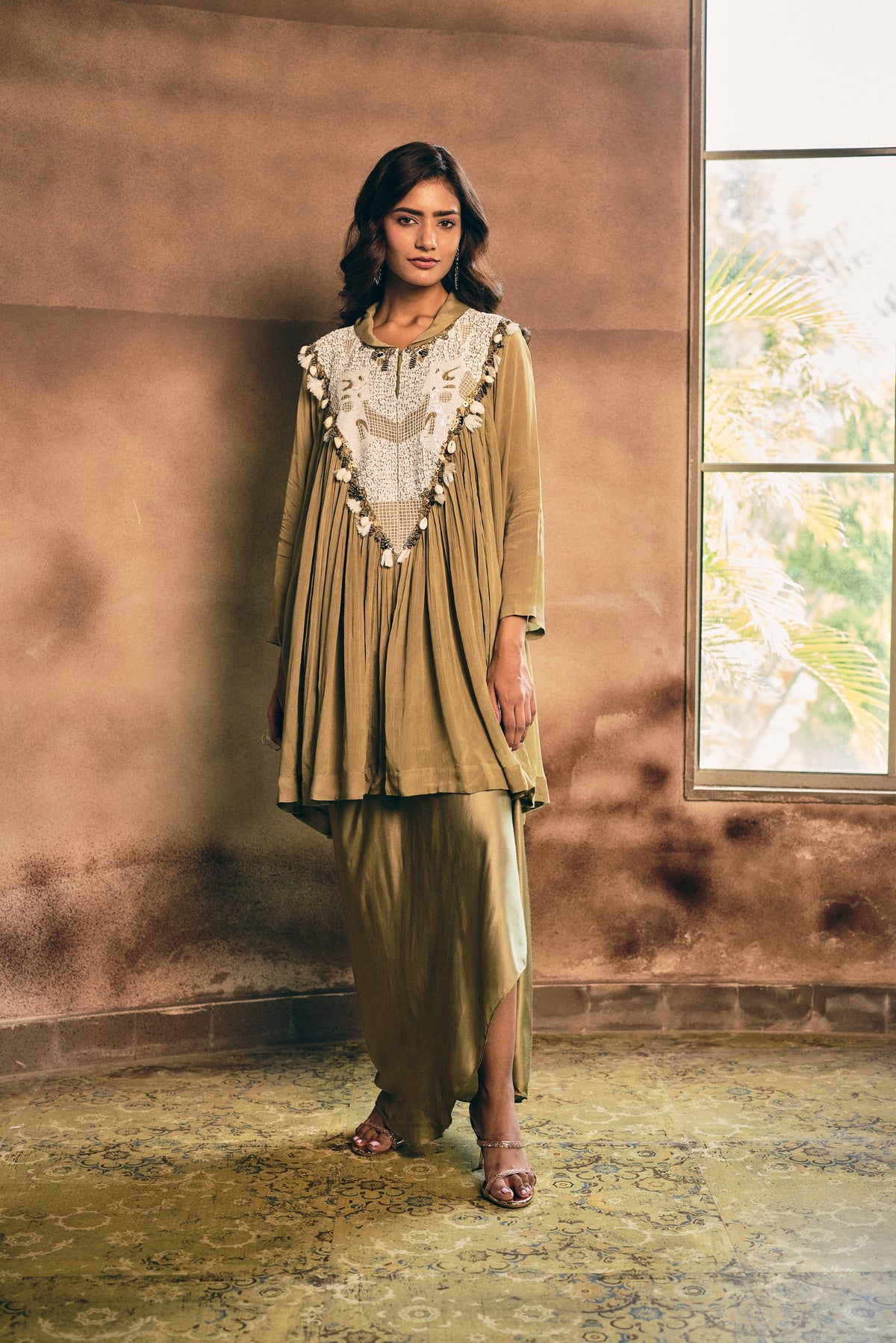 Earthy Olive Green Embellished Georgette Silk Skirt Set