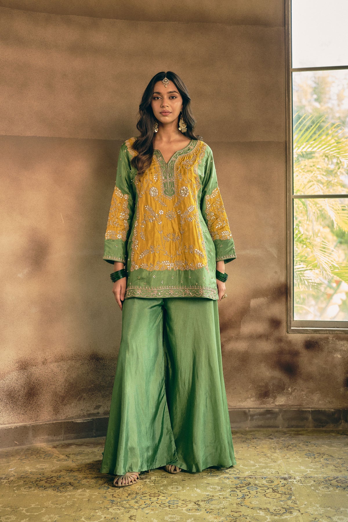Green Fern Embellished Crepe Silk Palazzo Set
