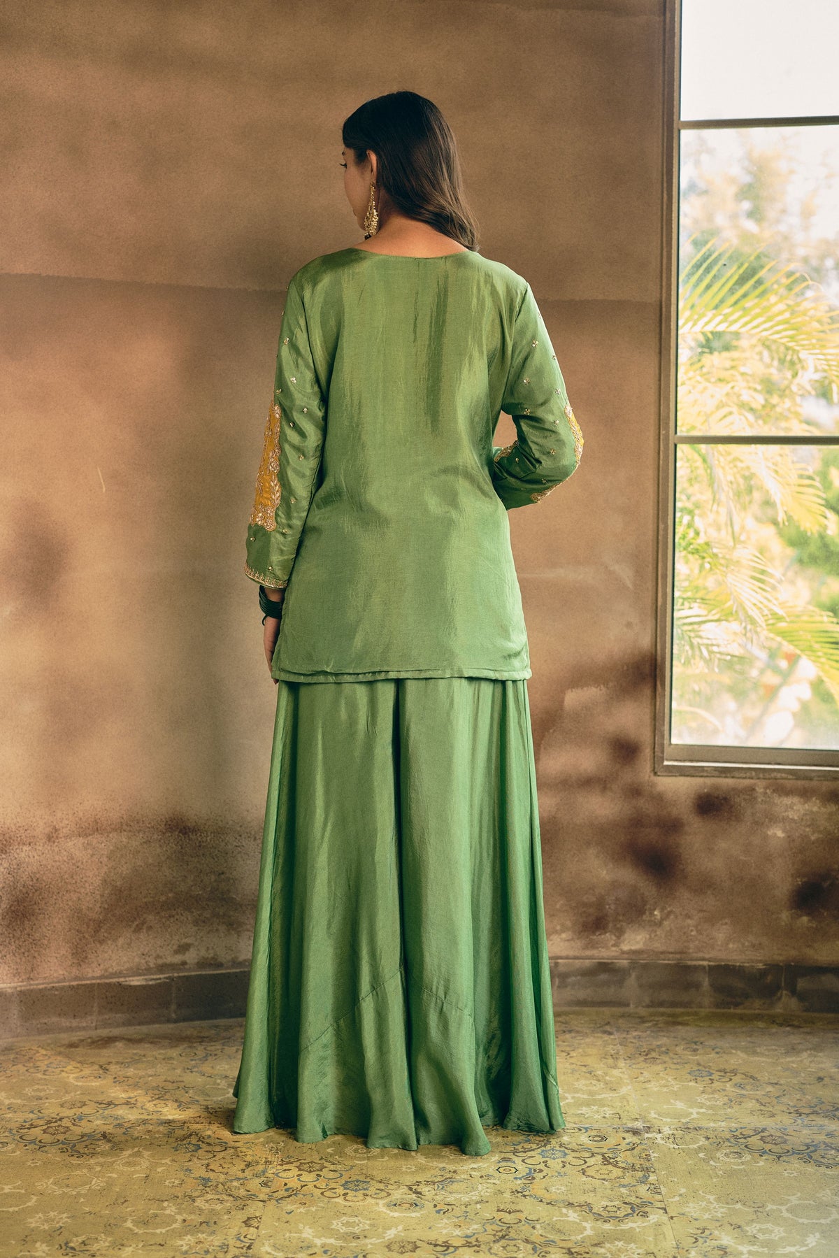 Green Fern Embellished Crepe Silk Palazzo Set