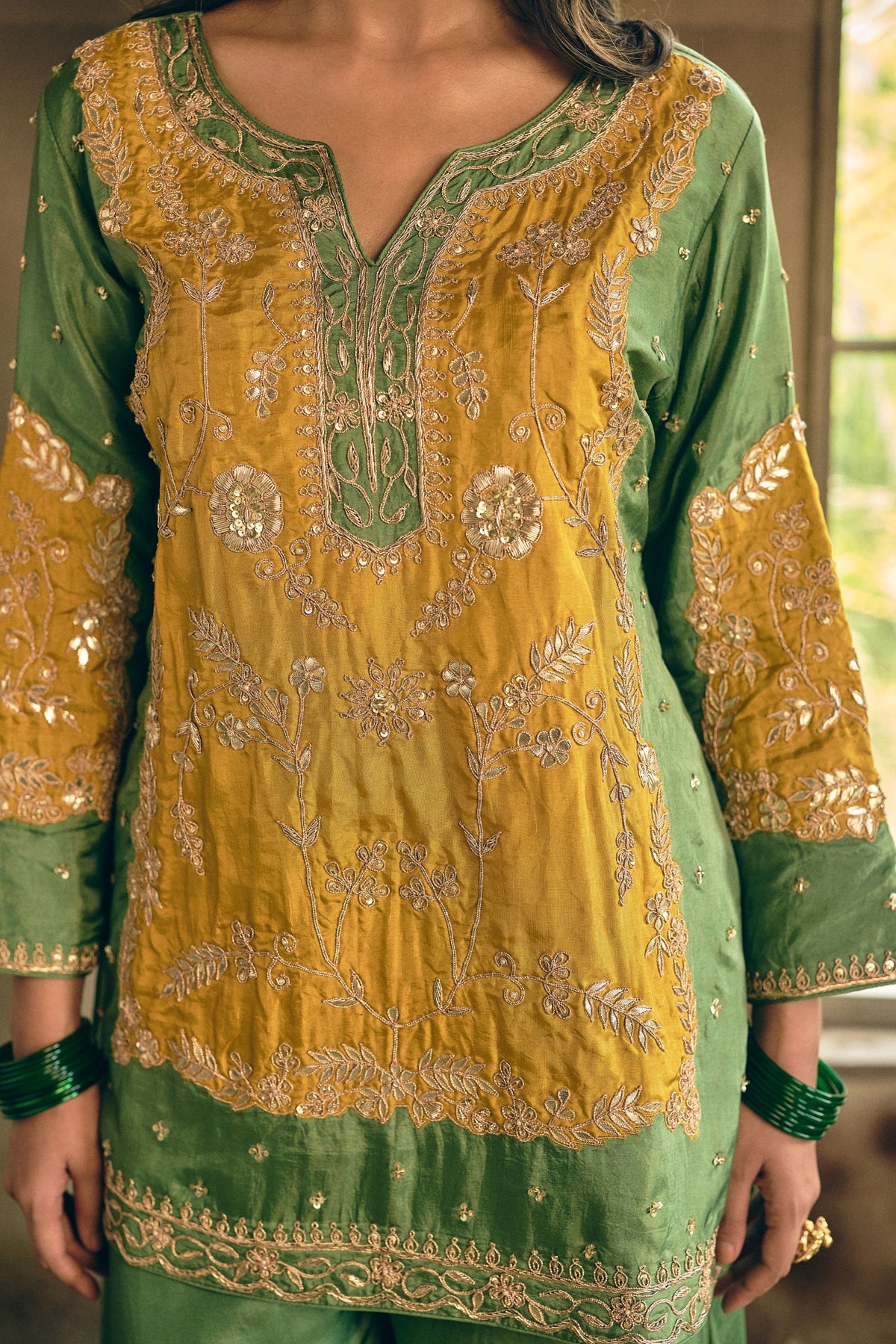 Green Fern Embellished Crepe Silk Palazzo Set