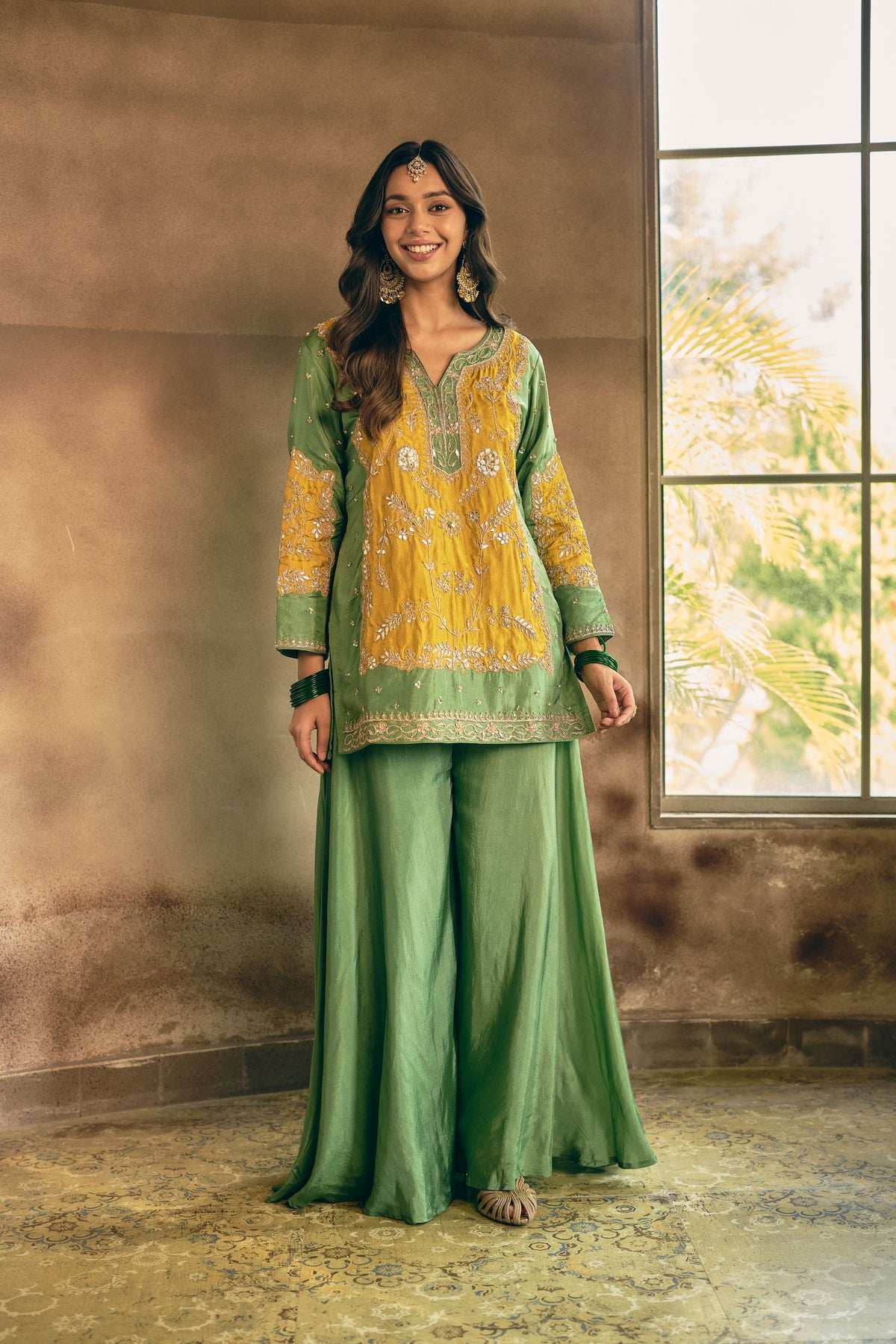 Green Fern Embellished Crepe Silk Palazzo Set