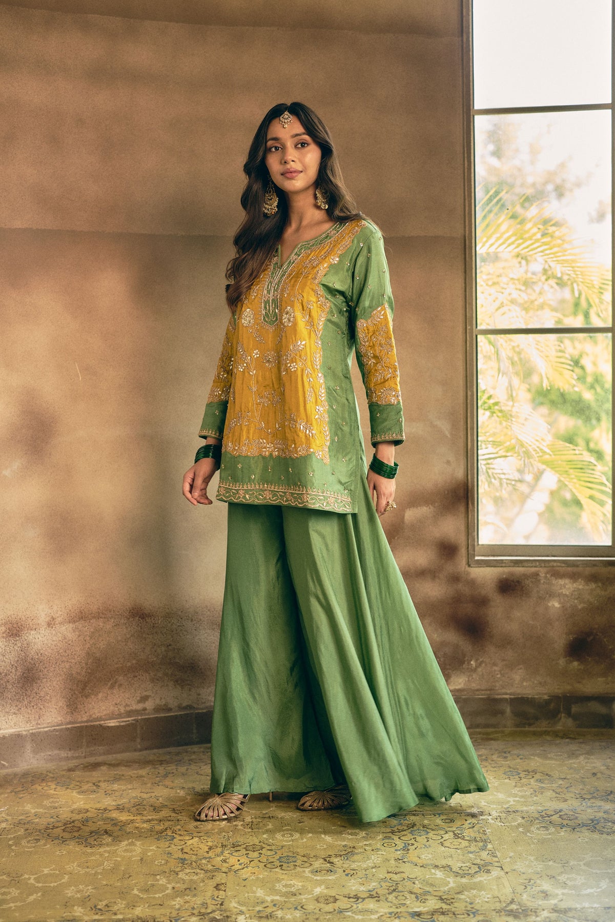 Green Fern Embellished Crepe Silk Palazzo Set