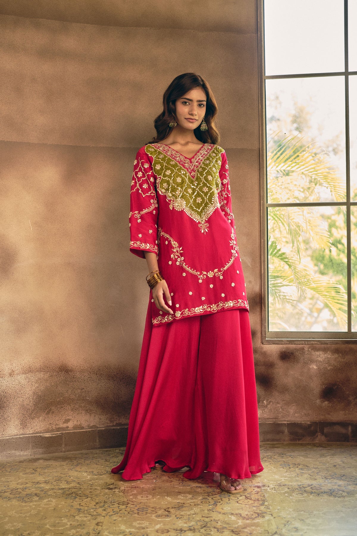 Vibrant Rani Pink Embellished Crepe Silk Palazzo Set