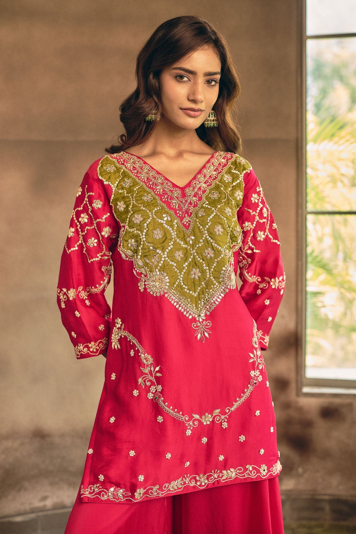 Vibrant Rani Pink Embellished Crepe Silk Palazzo Set