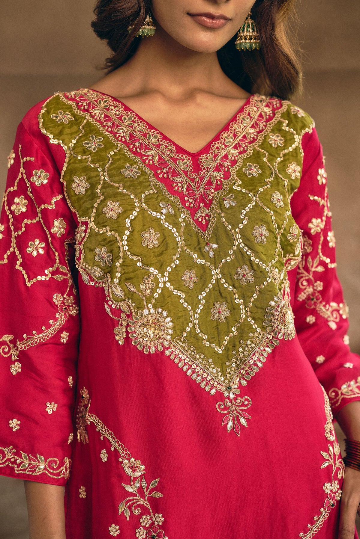 Vibrant Rani Pink Embellished Crepe Silk Palazzo Set