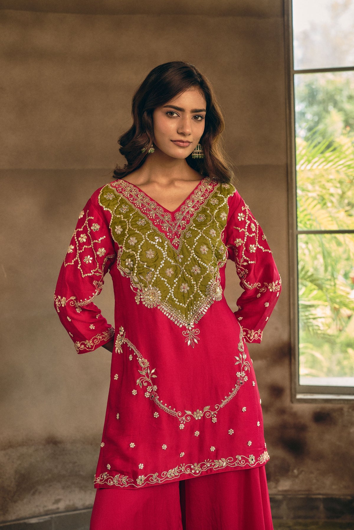 Vibrant Rani Pink Embellished Crepe Silk Palazzo Set