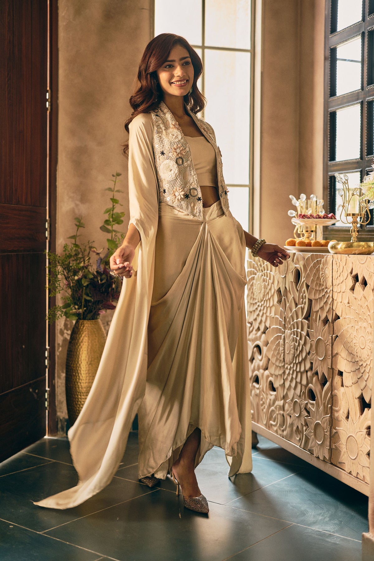Sand Beige Embellished Embellished Satin Silk Skirt Set
