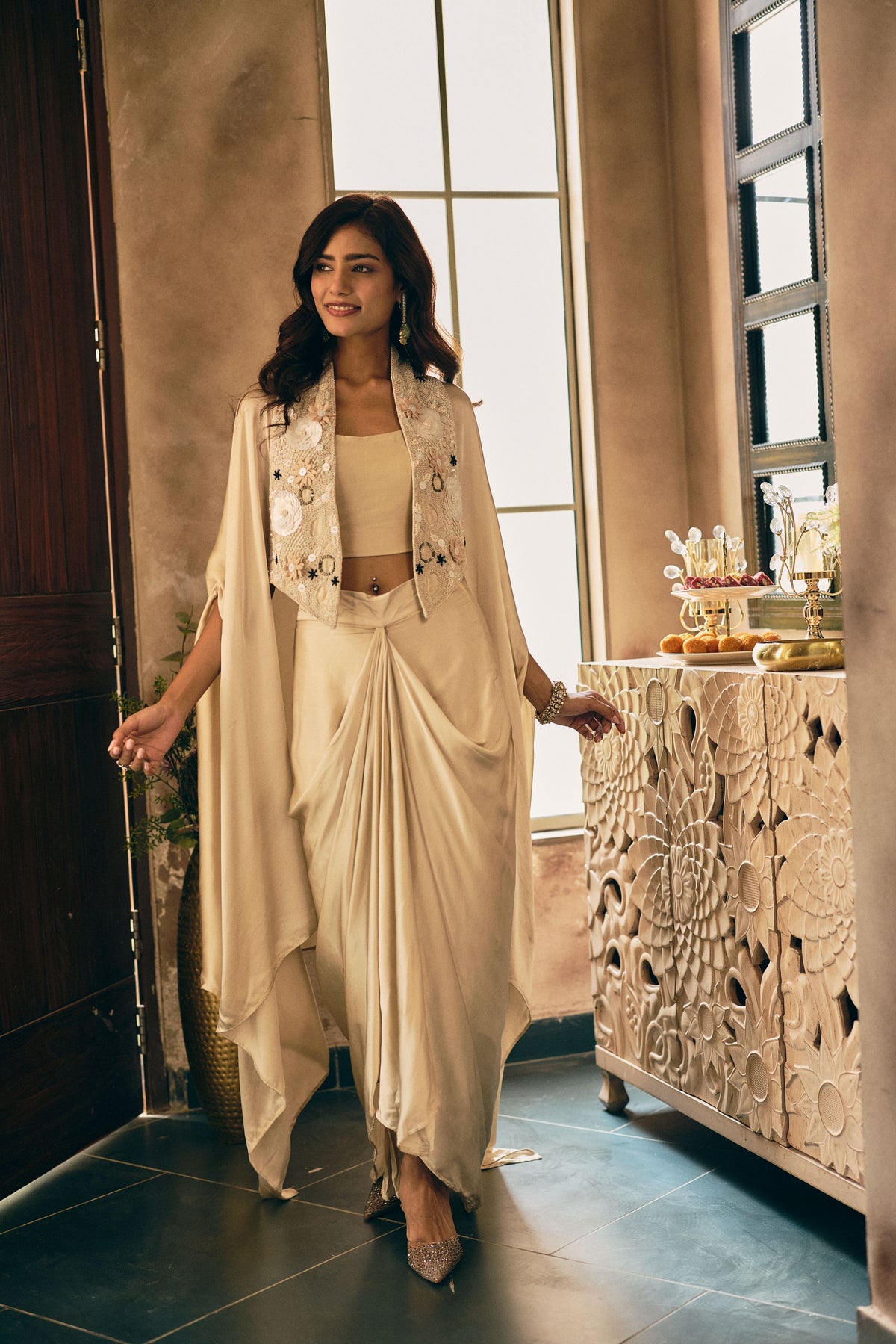Sand Beige Embellished Embellished Satin Silk Skirt Set