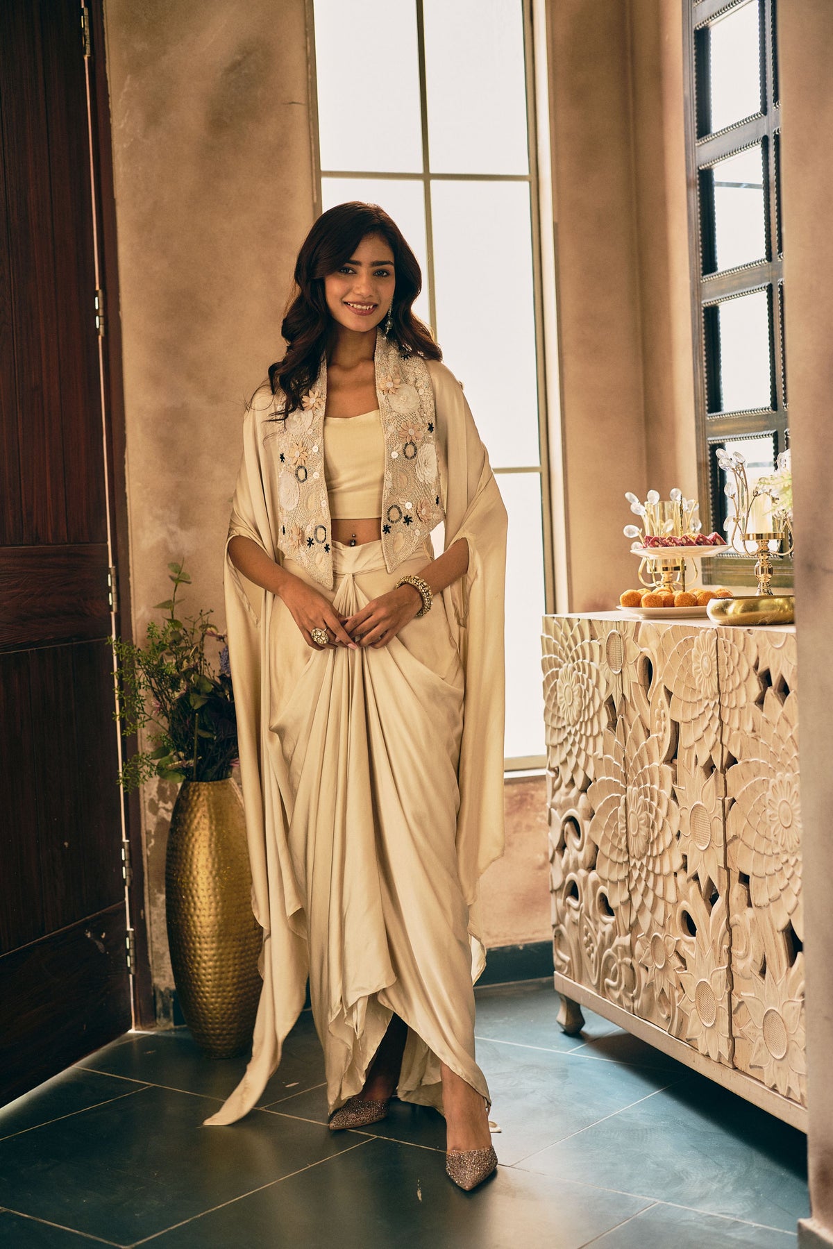 Sand Beige Embellished Embellished Satin Silk Skirt Set