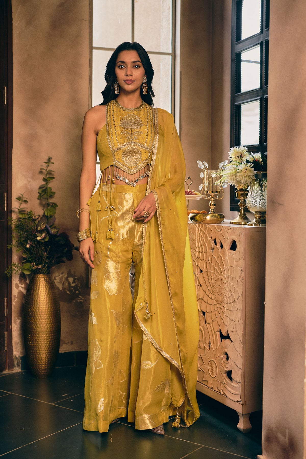 Mustard Ochre Embellished Shimmer Silk Palazzo Set