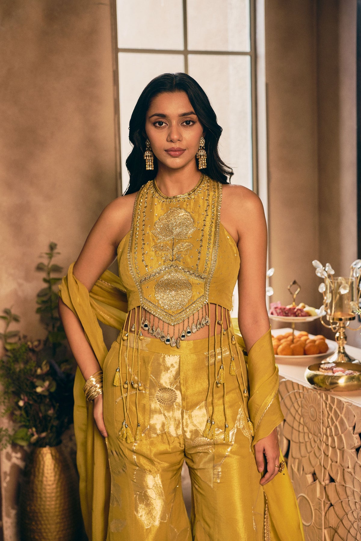 Mustard Ochre Embellished Shimmer Silk Palazzo Set