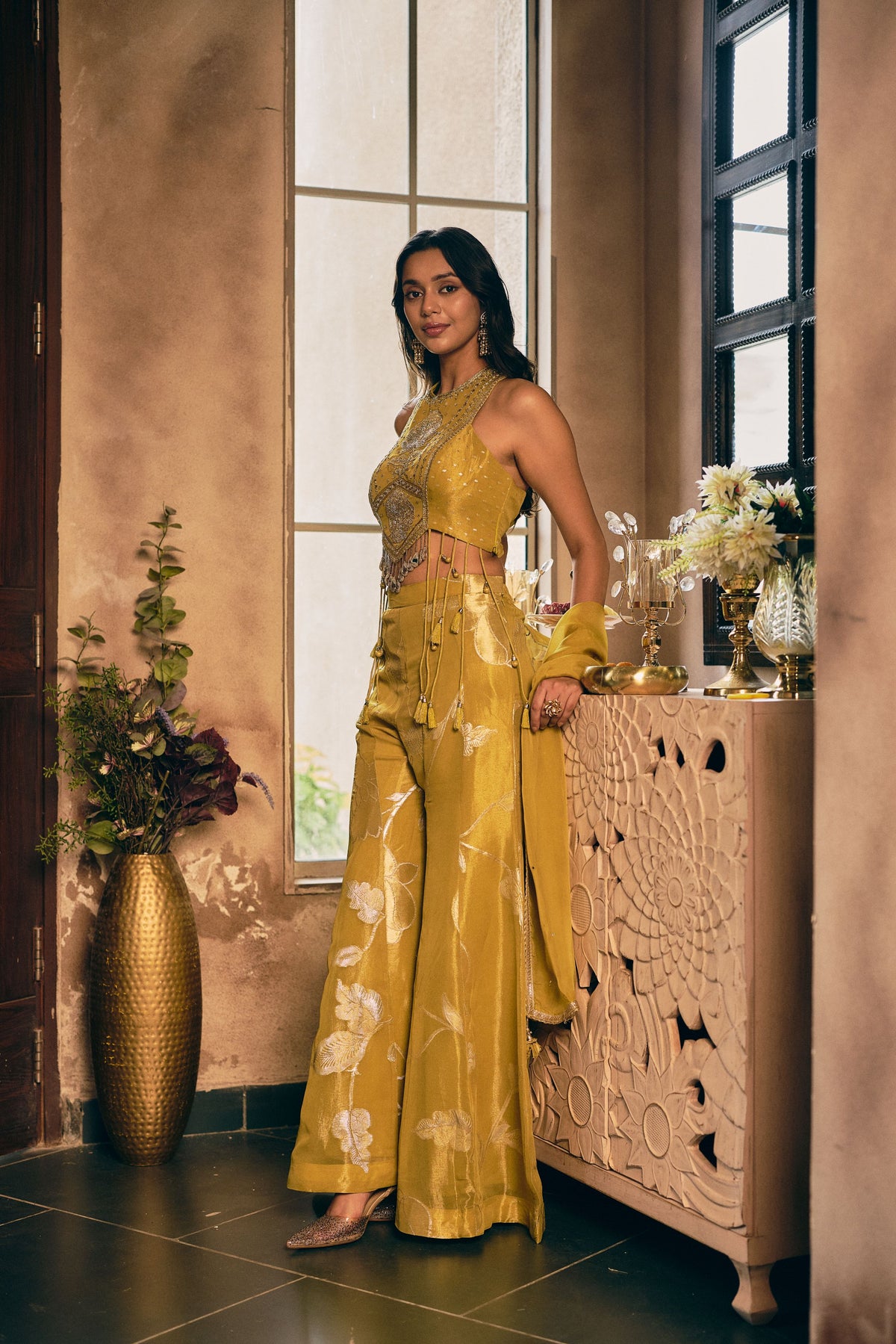 Mustard Ochre Embellished Shimmer Silk Palazzo Set