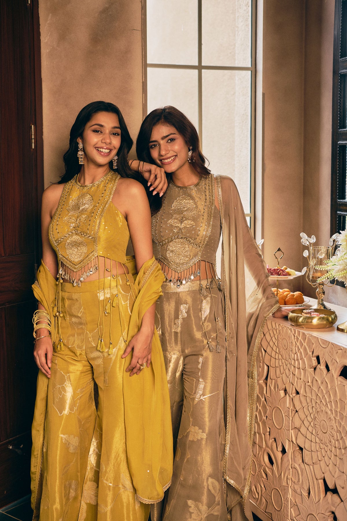 Mustard Ochre Embellished Shimmer Silk Palazzo Set