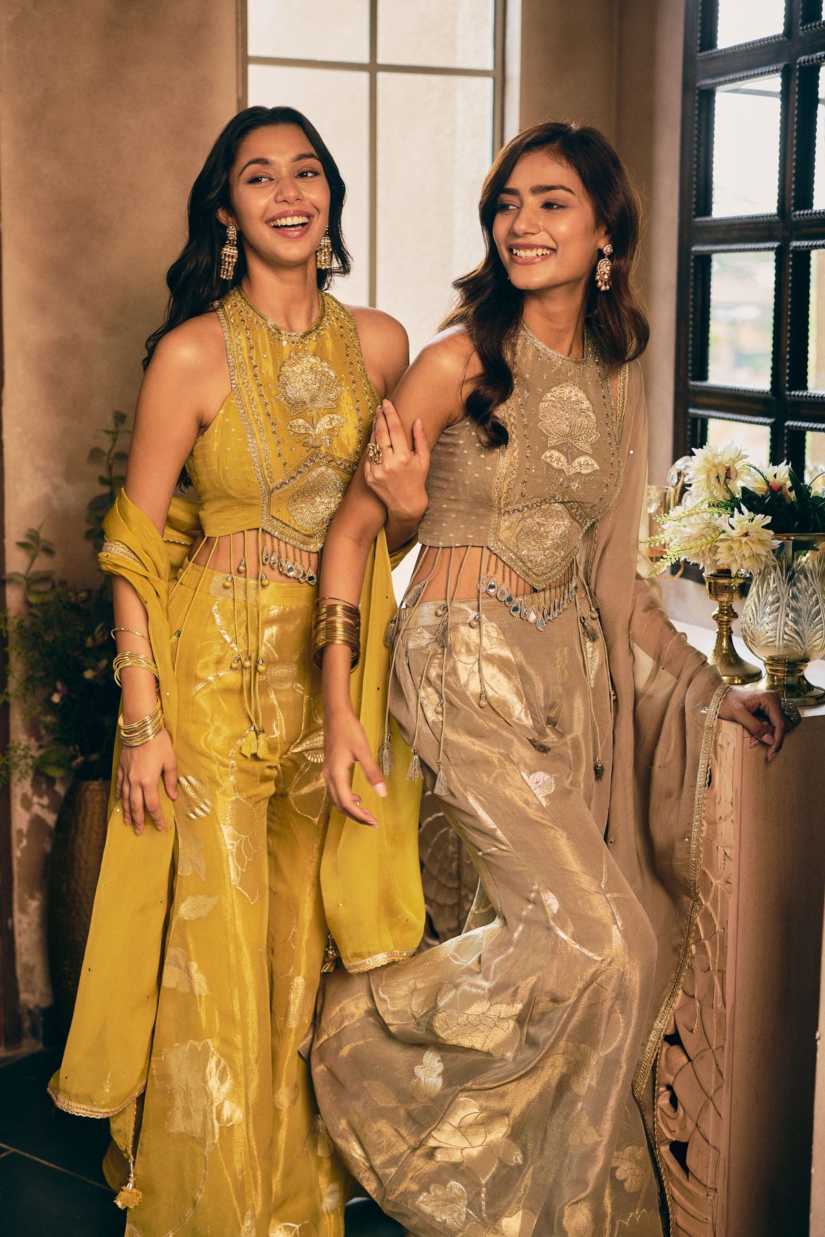 Mustard Ochre Embellished Shimmer Silk Palazzo Set