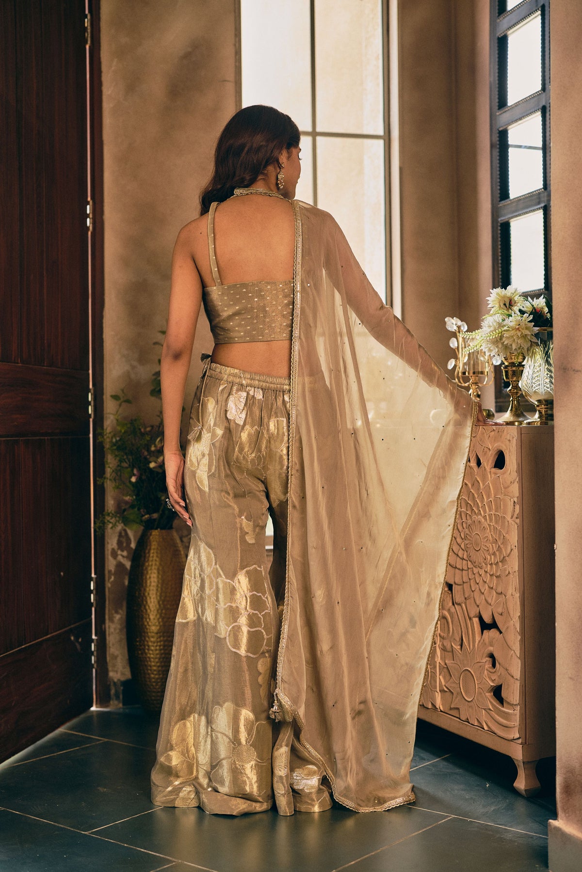 Beige Taupe Embellished Shimmer Silk Palazzo Set
