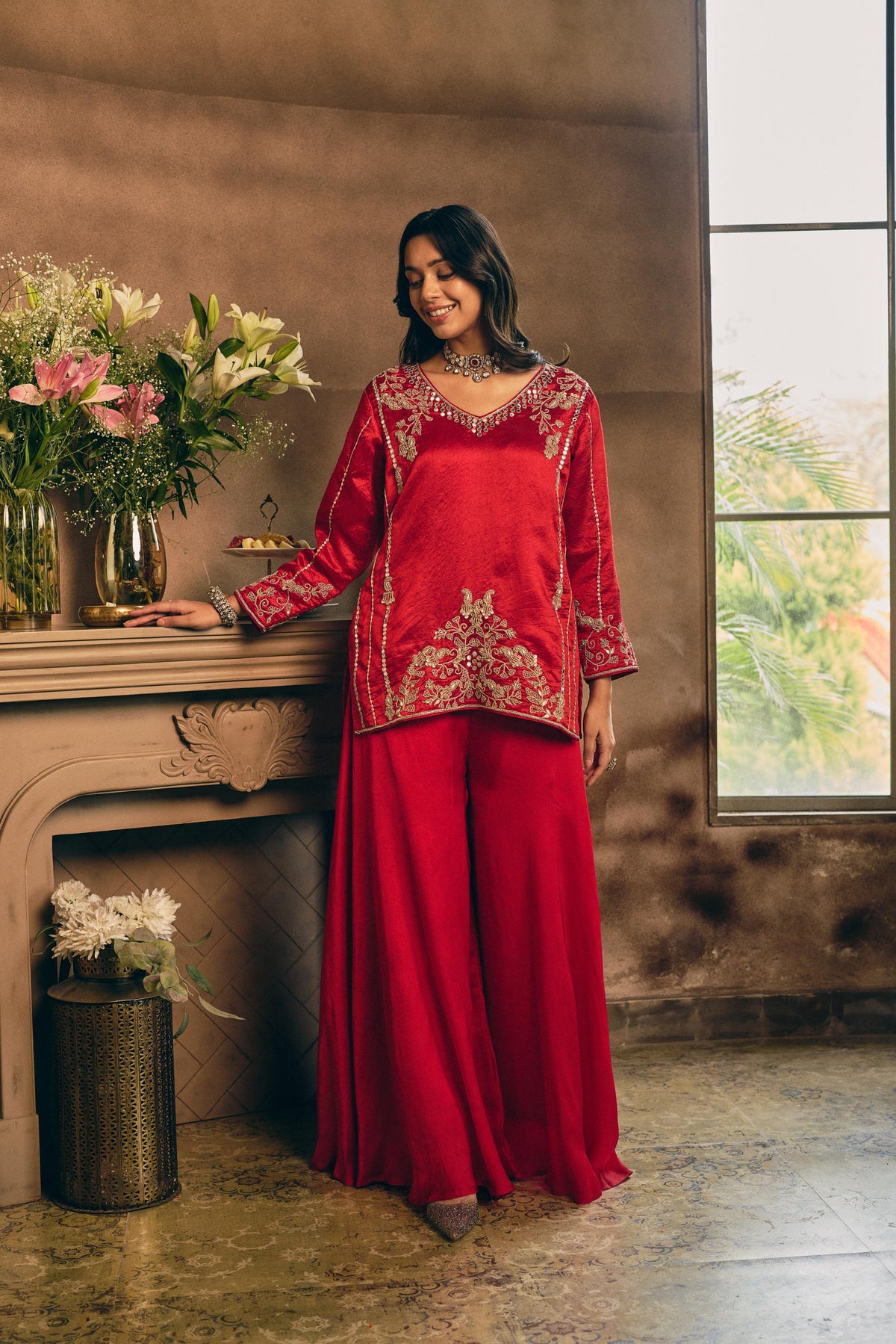 Royal Red Embellished Premium Silk Palazzo Set