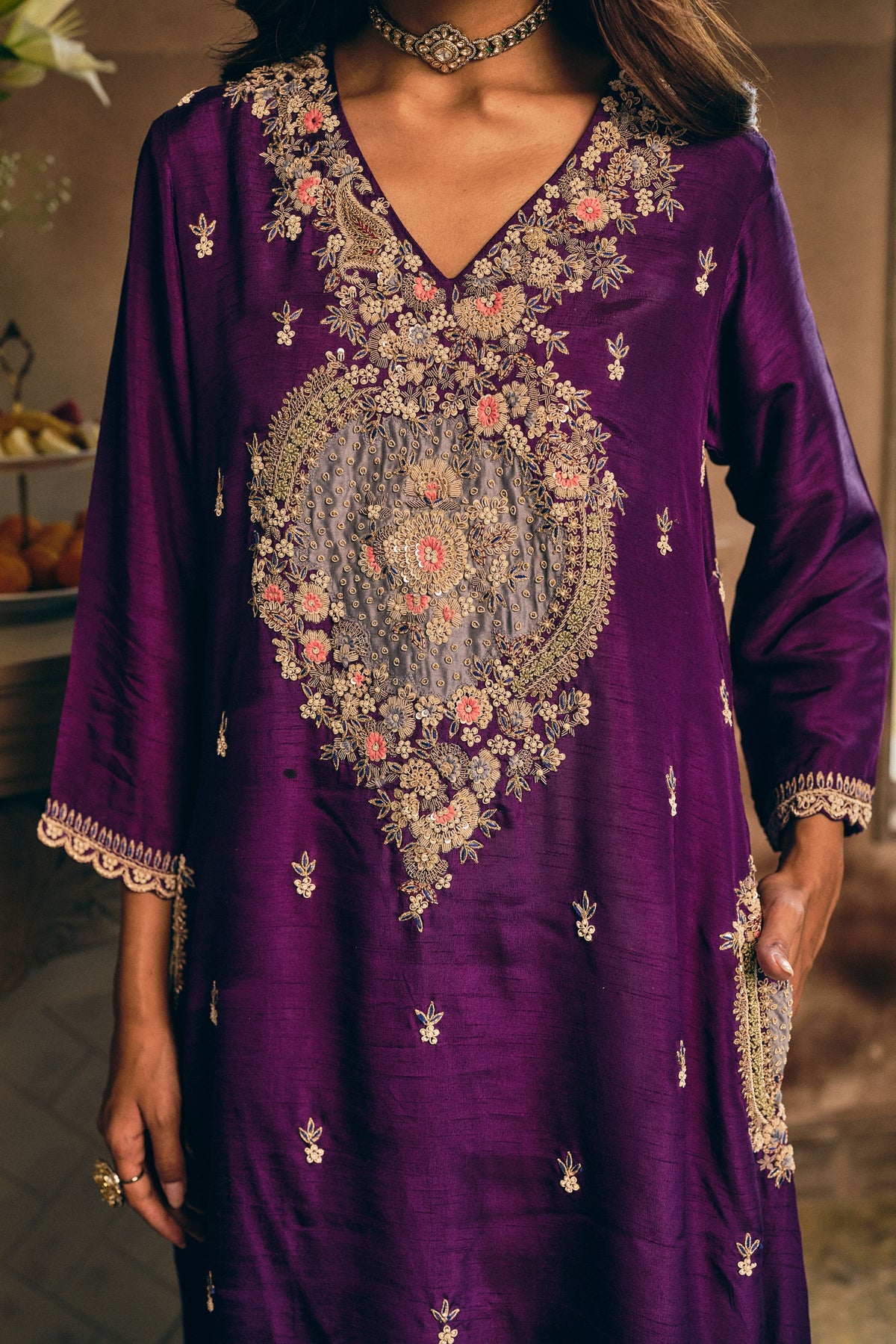 Grape Royale Embellished Raw Silk Pant Set
