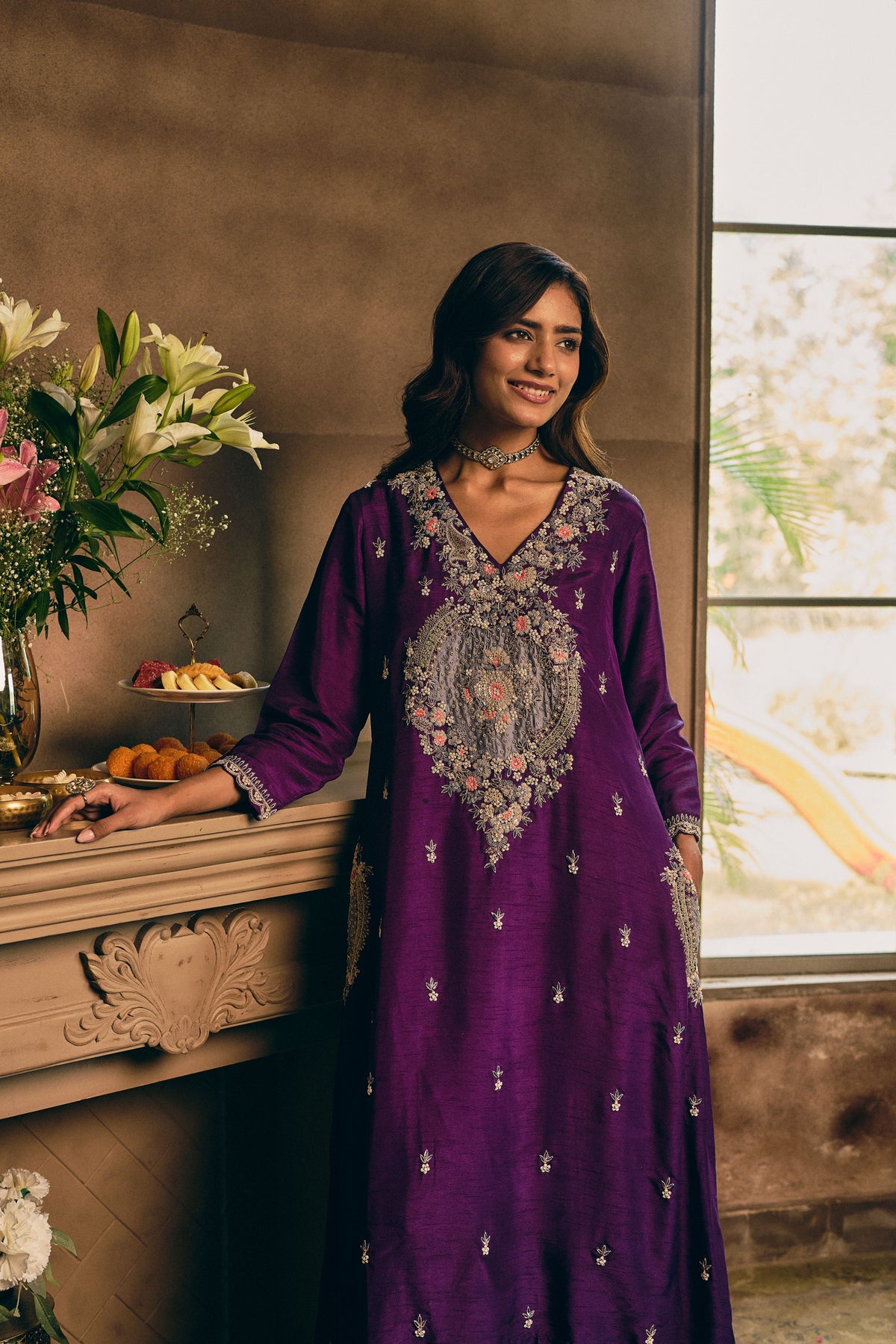 Grape Royale Embellished Raw Silk Pant Set