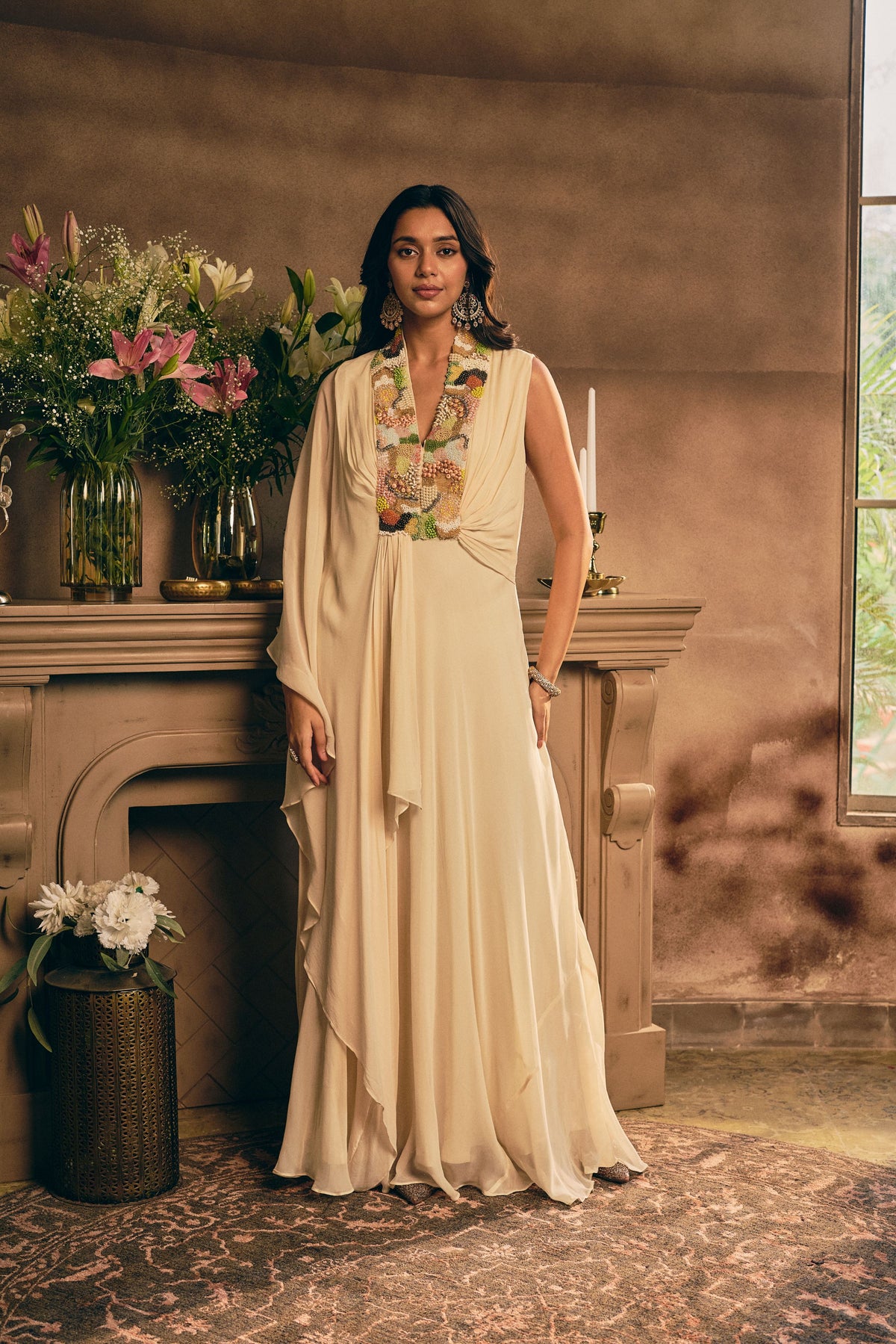 Off-Cream Embellished Georgette Silk Gown