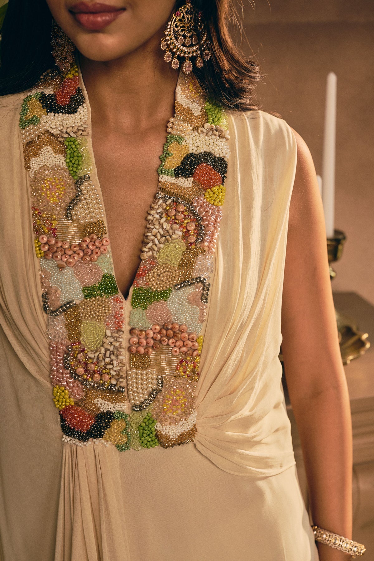 Off-Cream Embellished Georgette Silk Gown