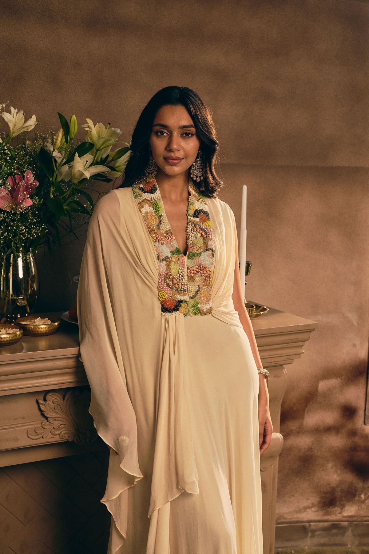 Off-Cream Embellished Georgette Silk Gown