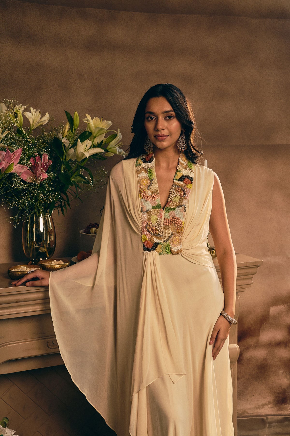 Off-Cream Embellished Georgette Silk Gown