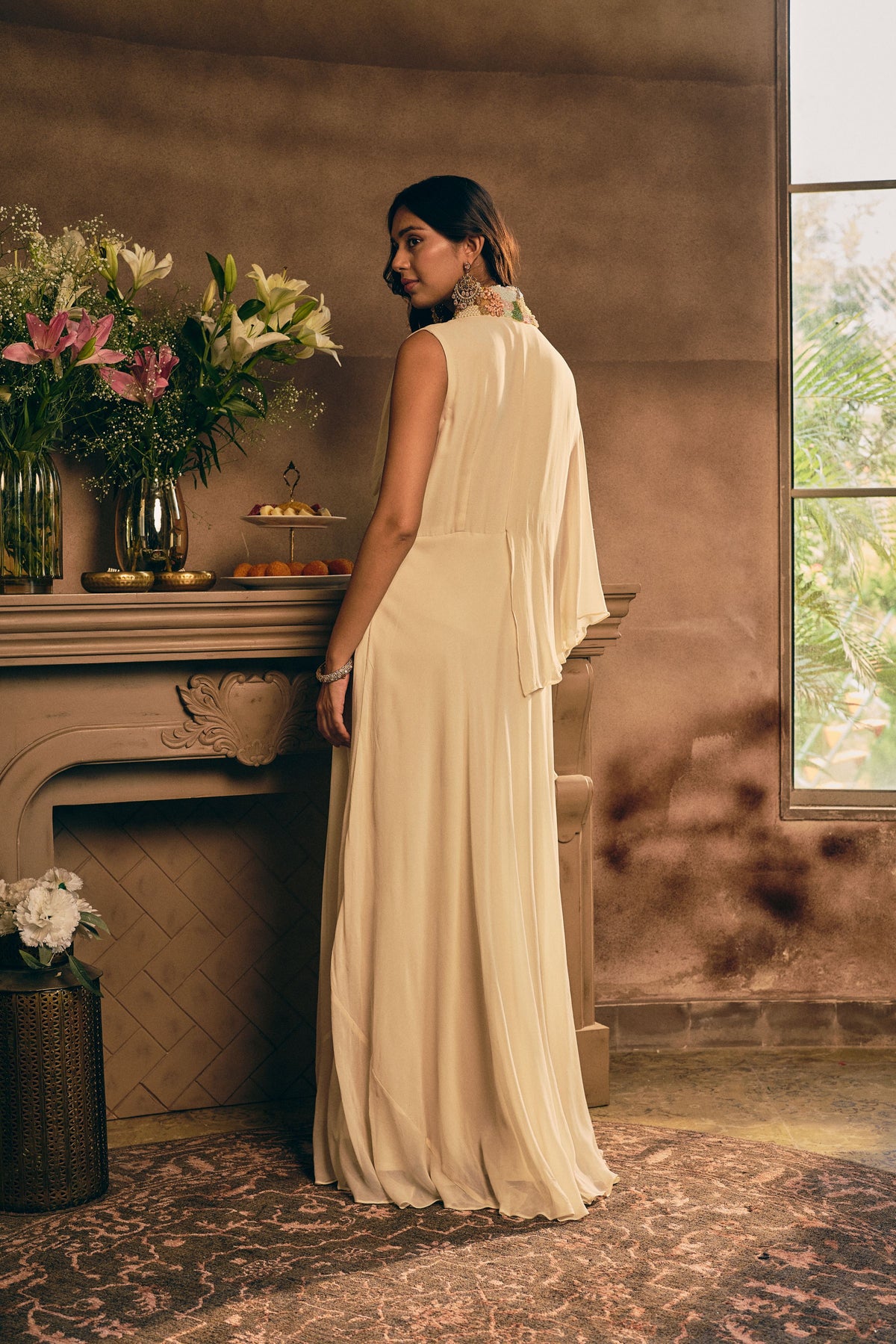 Off-Cream Embellished Georgette Silk Gown