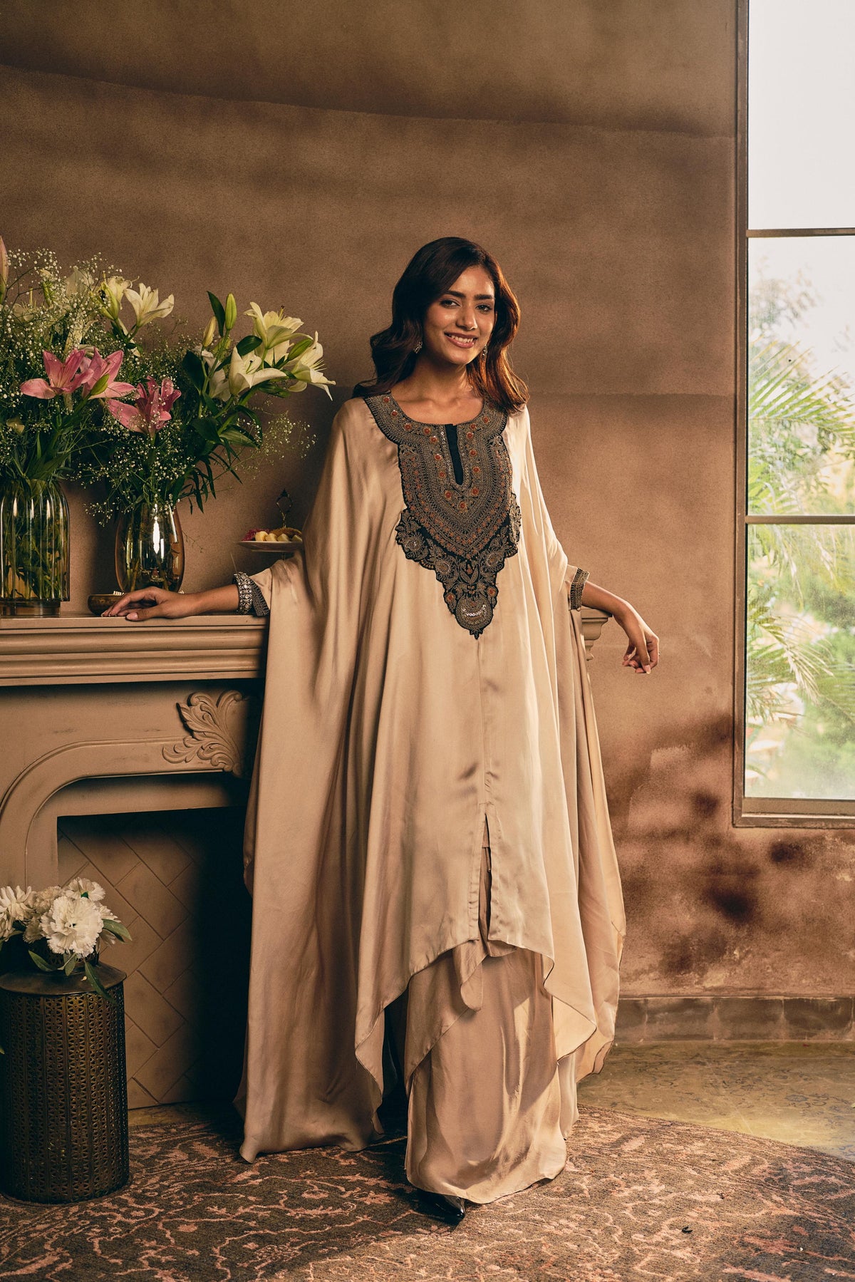 Champagne Beige Embellished Crepe Silk Kaftan Set