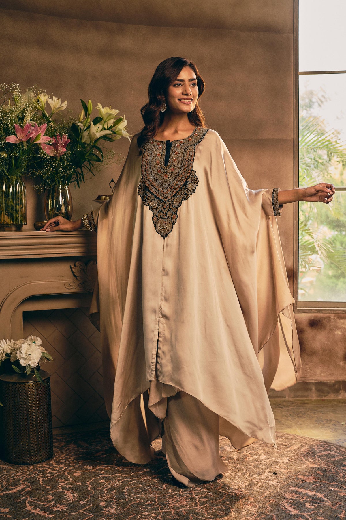 Champagne Beige Embellished Crepe Silk Kaftan Set
