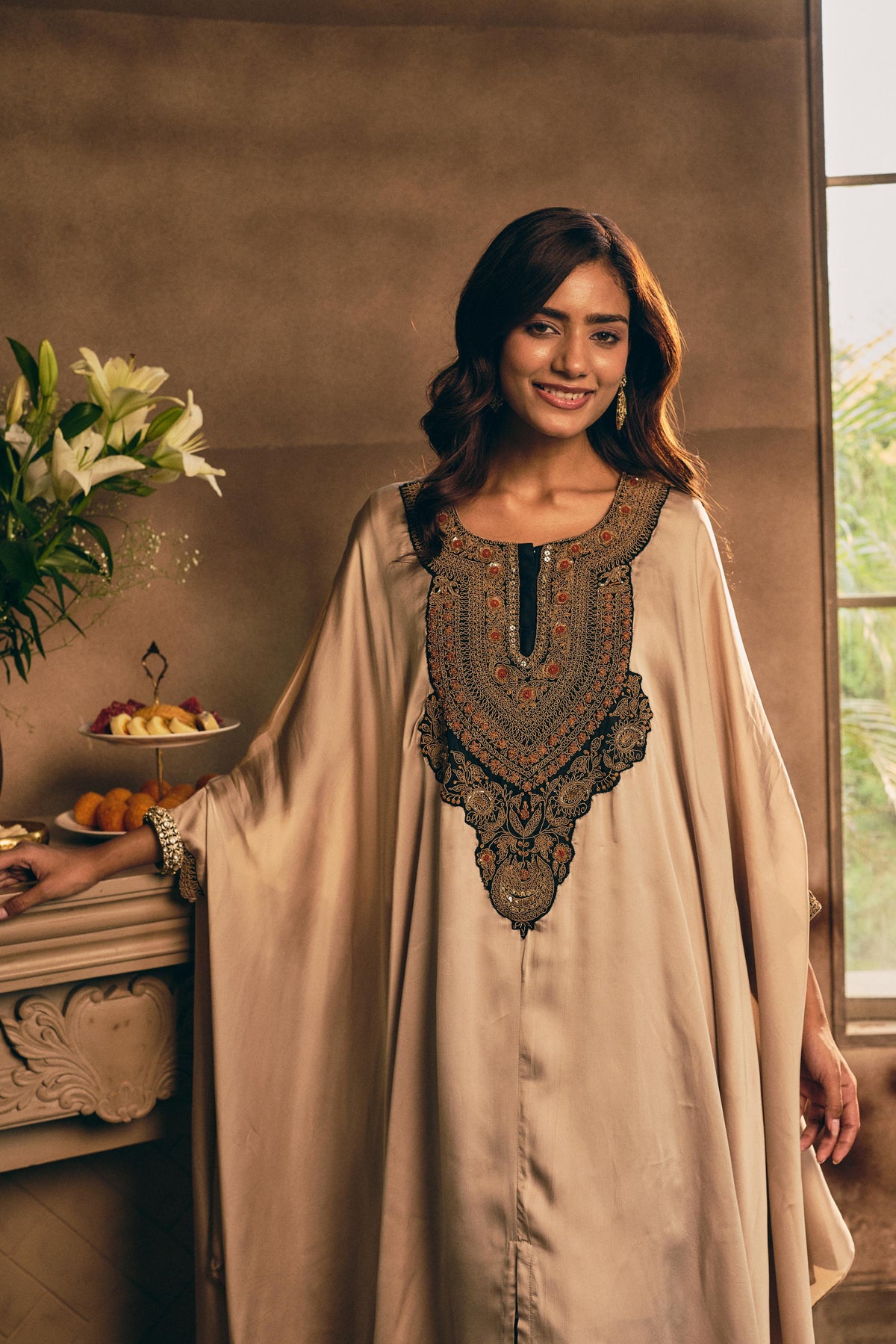 Champagne Beige Embellished Crepe Silk Kaftan Set