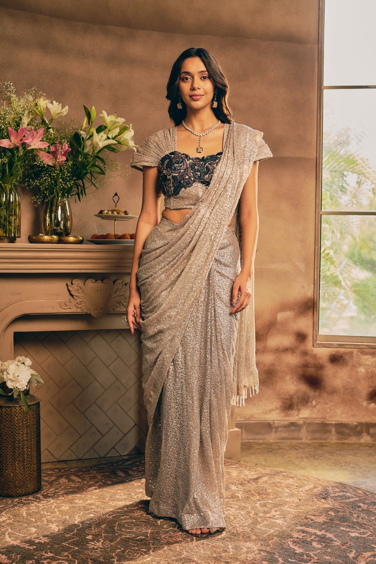 Silver Sequin Premium Net Pre-Draped Saree