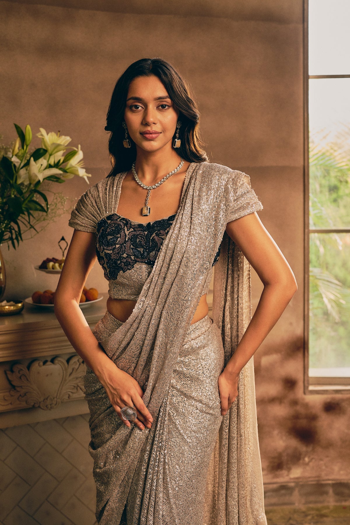 Silver Sequin Premium Net Pre-Draped Saree