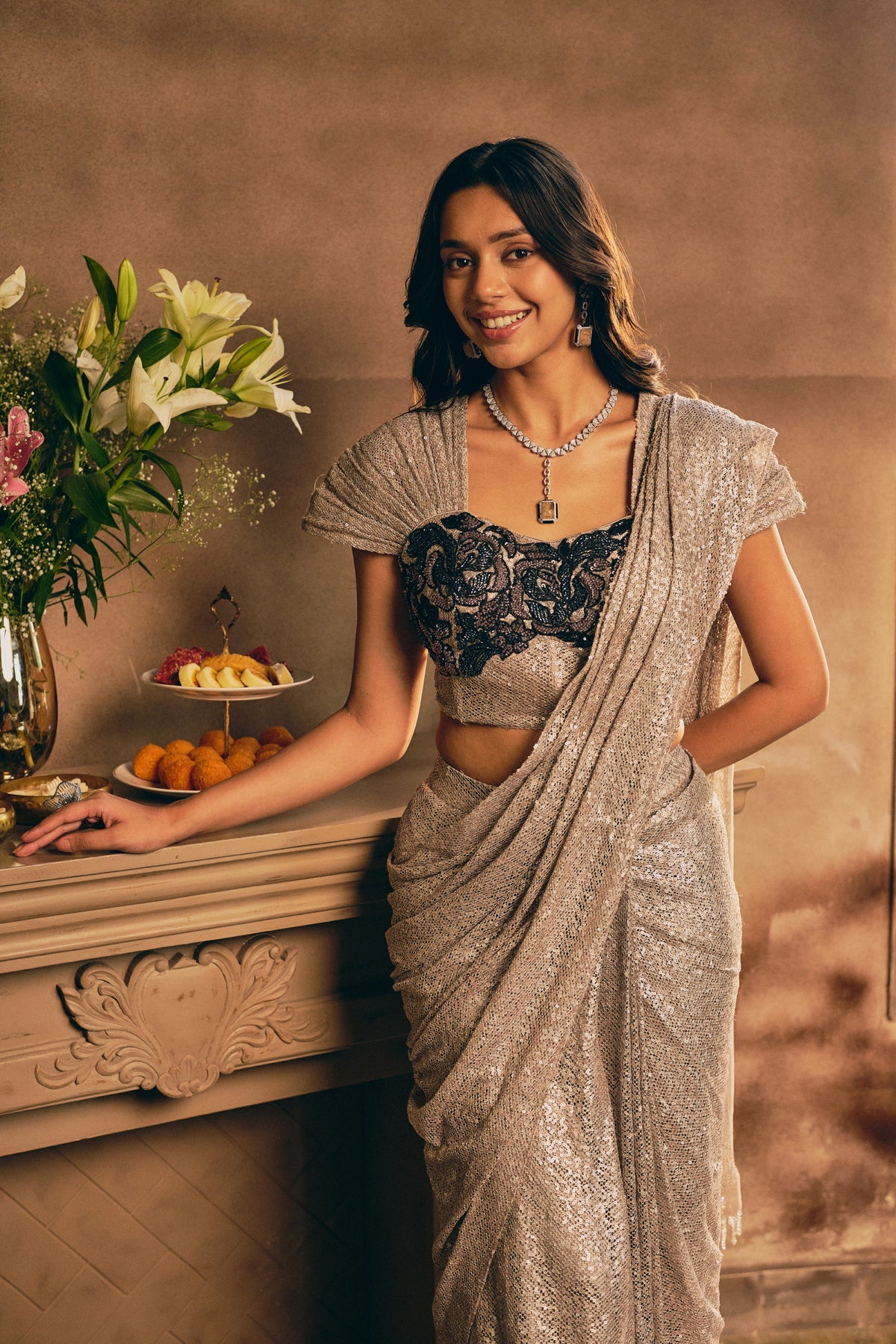 Silver Sequin Premium Net Pre-Draped Saree