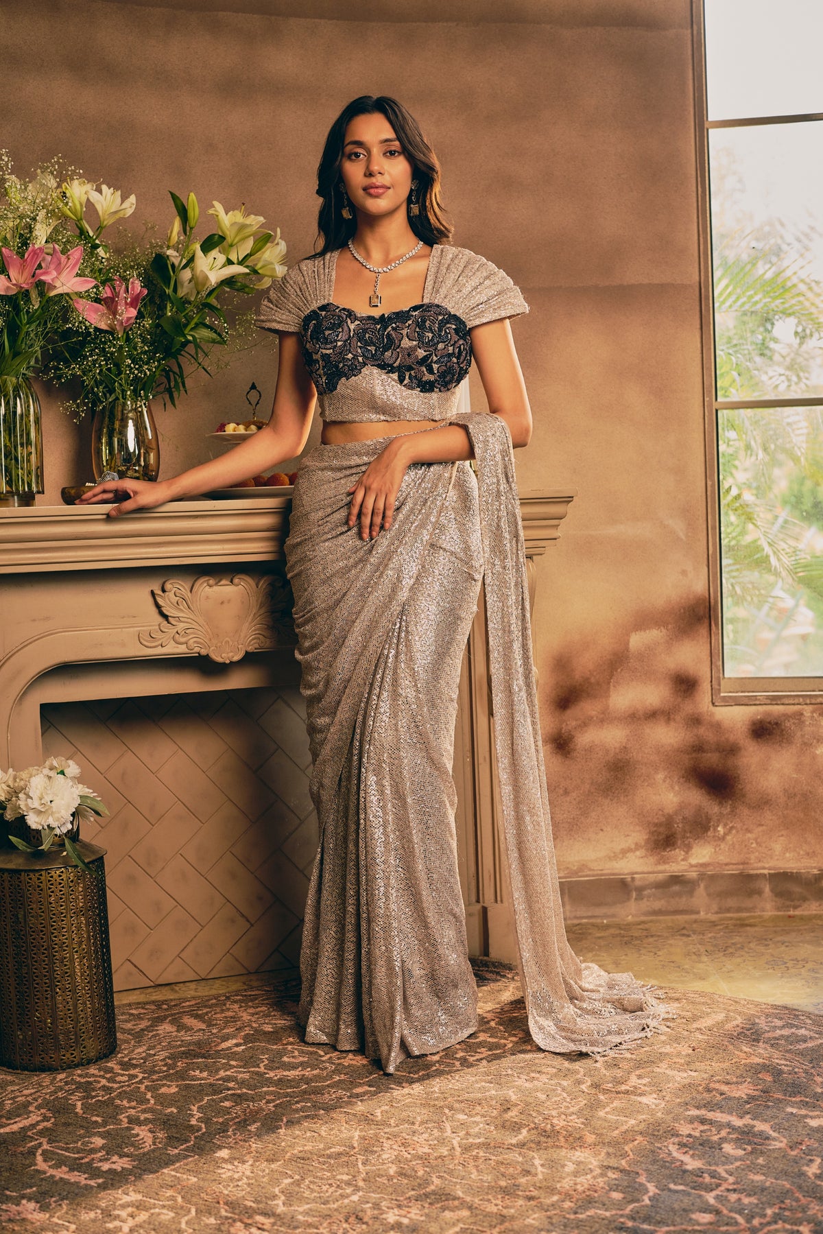 Silver Sequin Premium Net Pre-Draped Saree