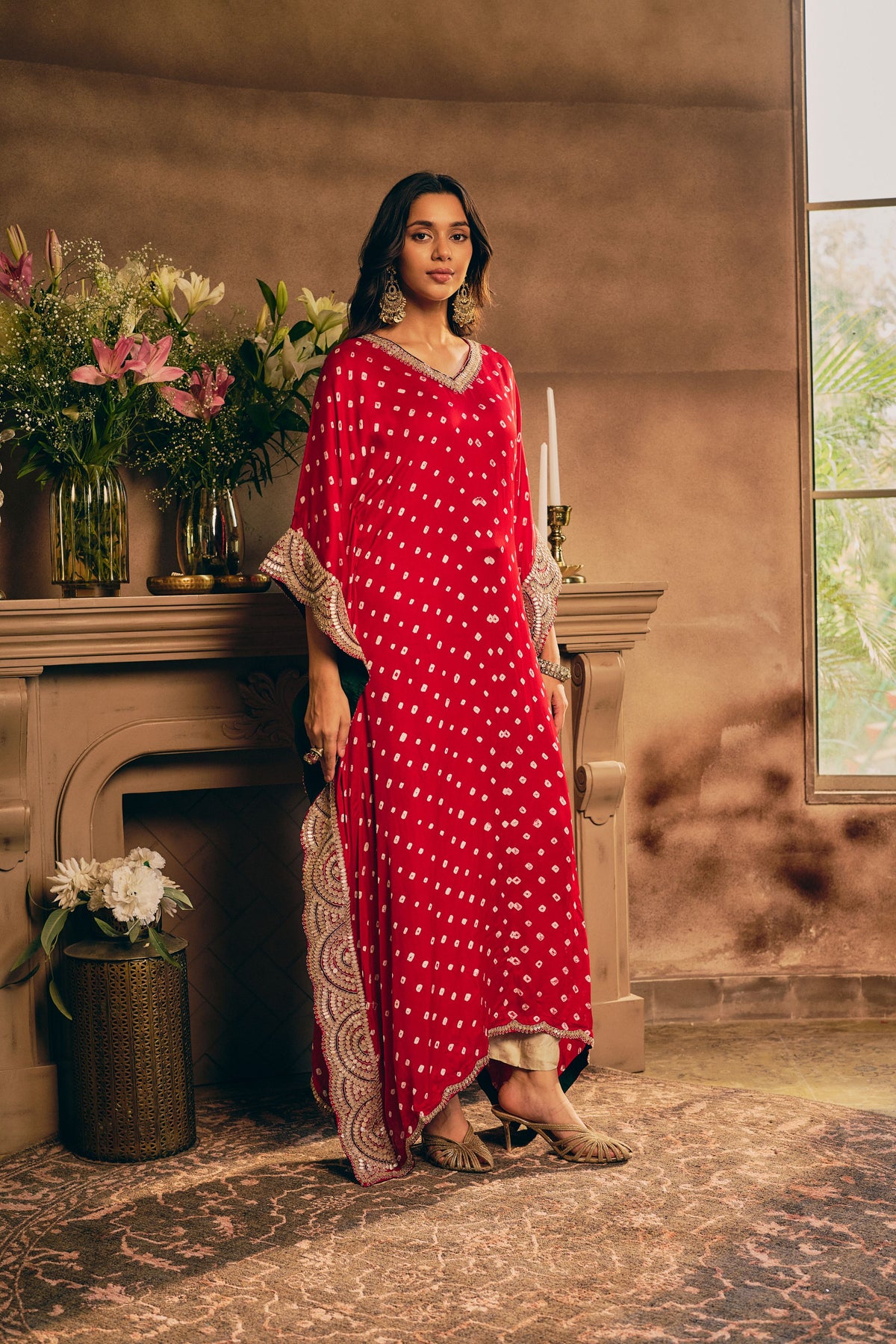 Scarlet Bandhej Embellished Crepe Silk Kaftan Set
