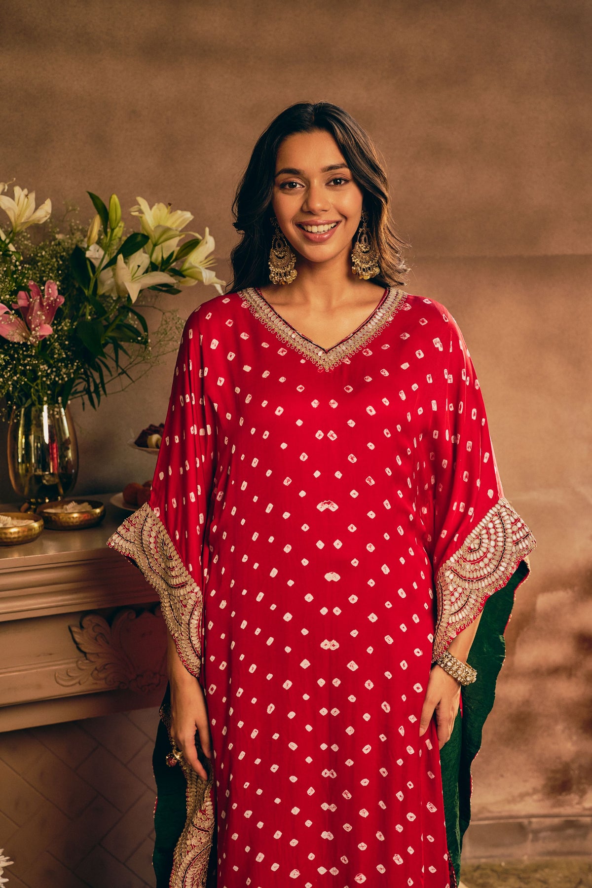 Scarlet Bandhej Embellished Crepe Silk Kaftan Set